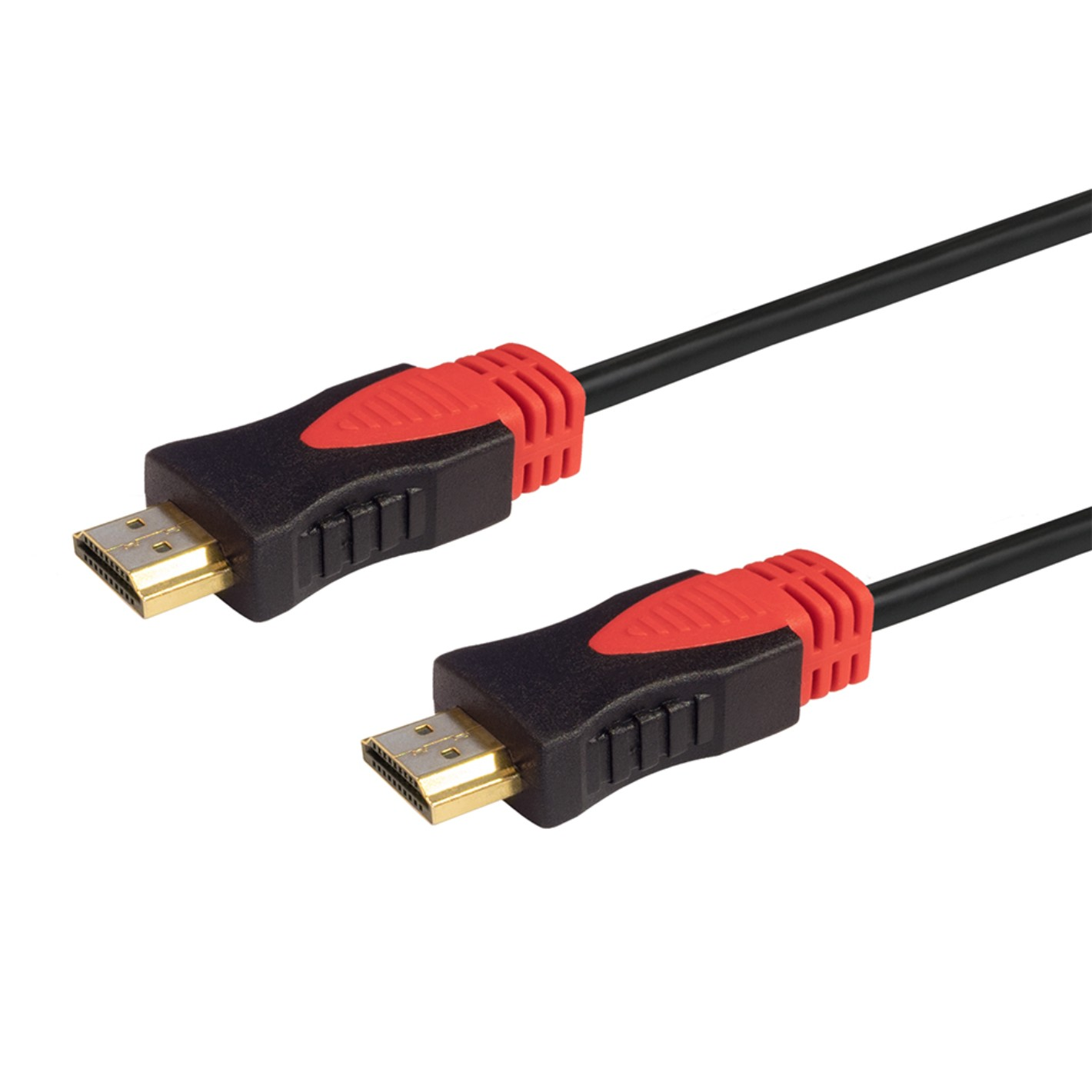 Cavo HDMI nero con dettagli rossi, con connettori color oro.