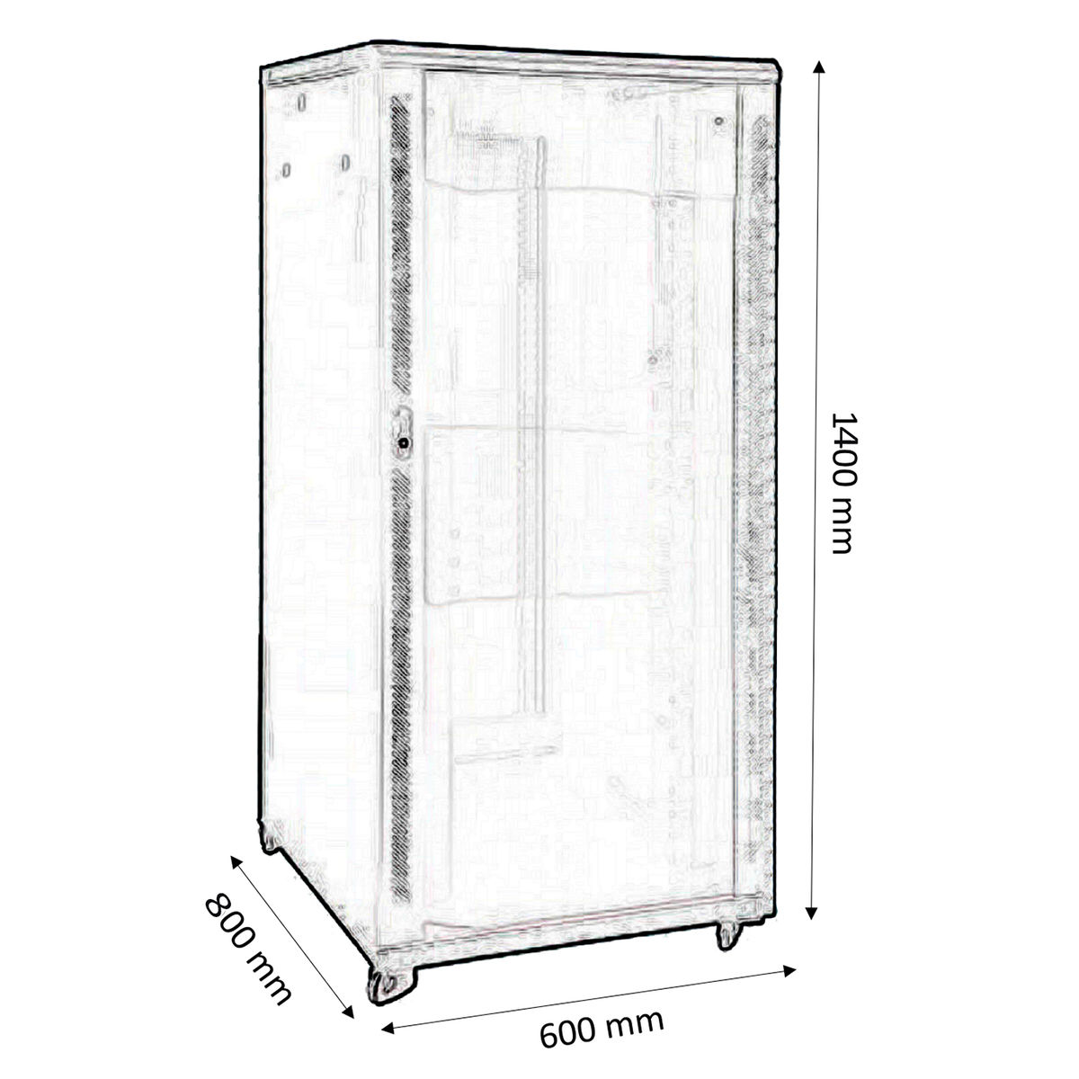 Un rack server alto schizzato con dimensioni in mm.