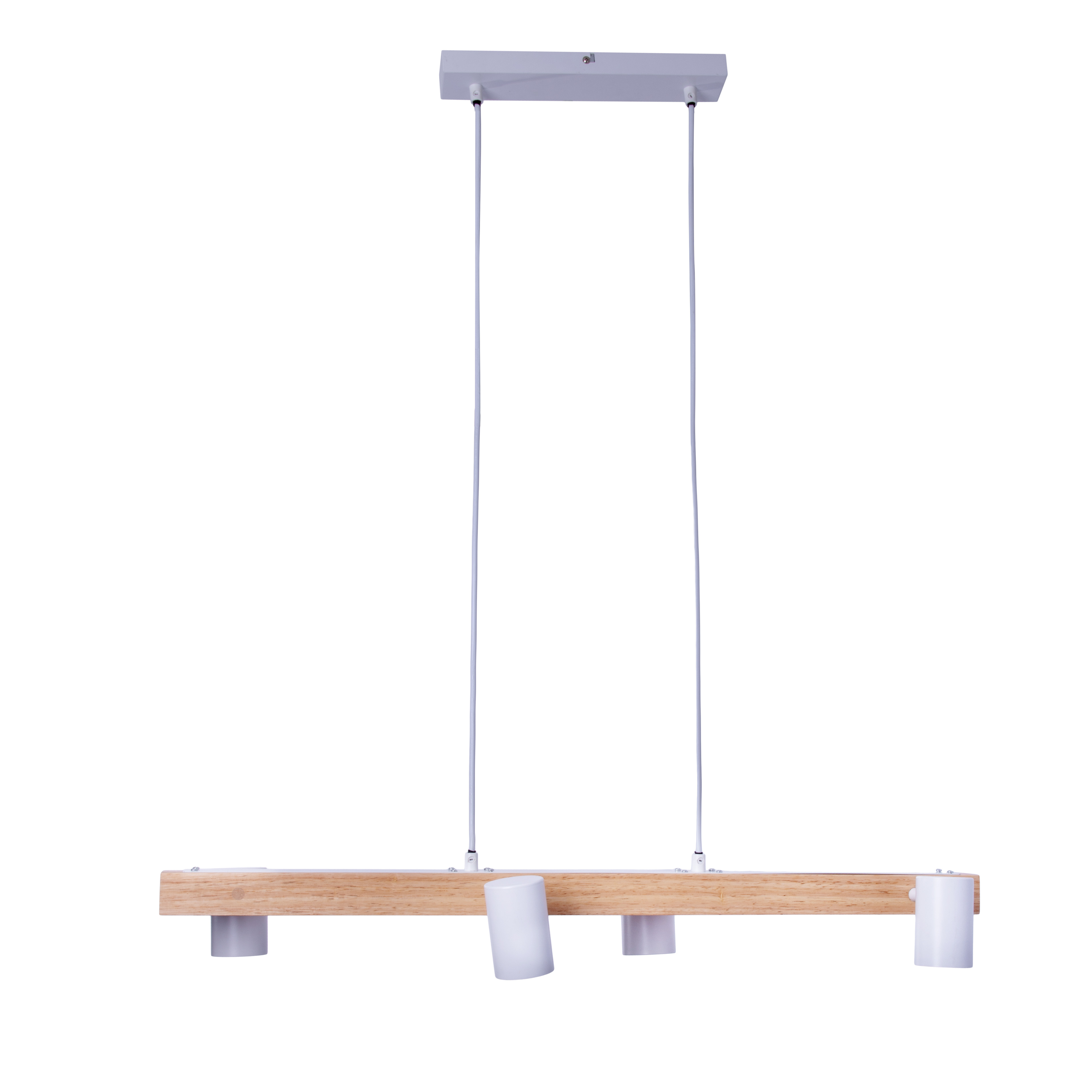 Holz-Leuchte mit vier weißen Strahlern, an weißen Kabeln hängend.