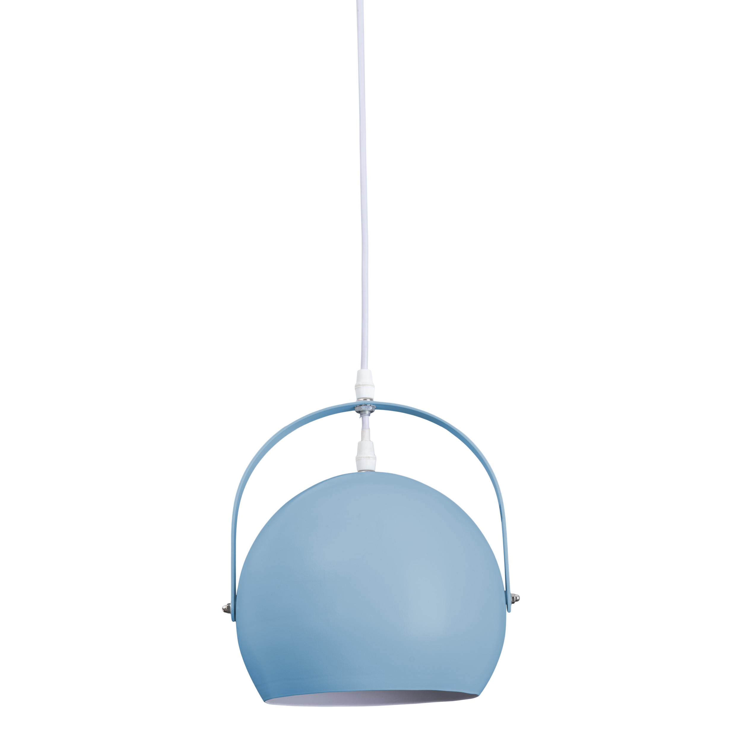 Eine blaue Pendelleuchte, die an einem weißen Kabel hängt. Die Lampe hat eine abgerundete Form mit weißem Innenraum.