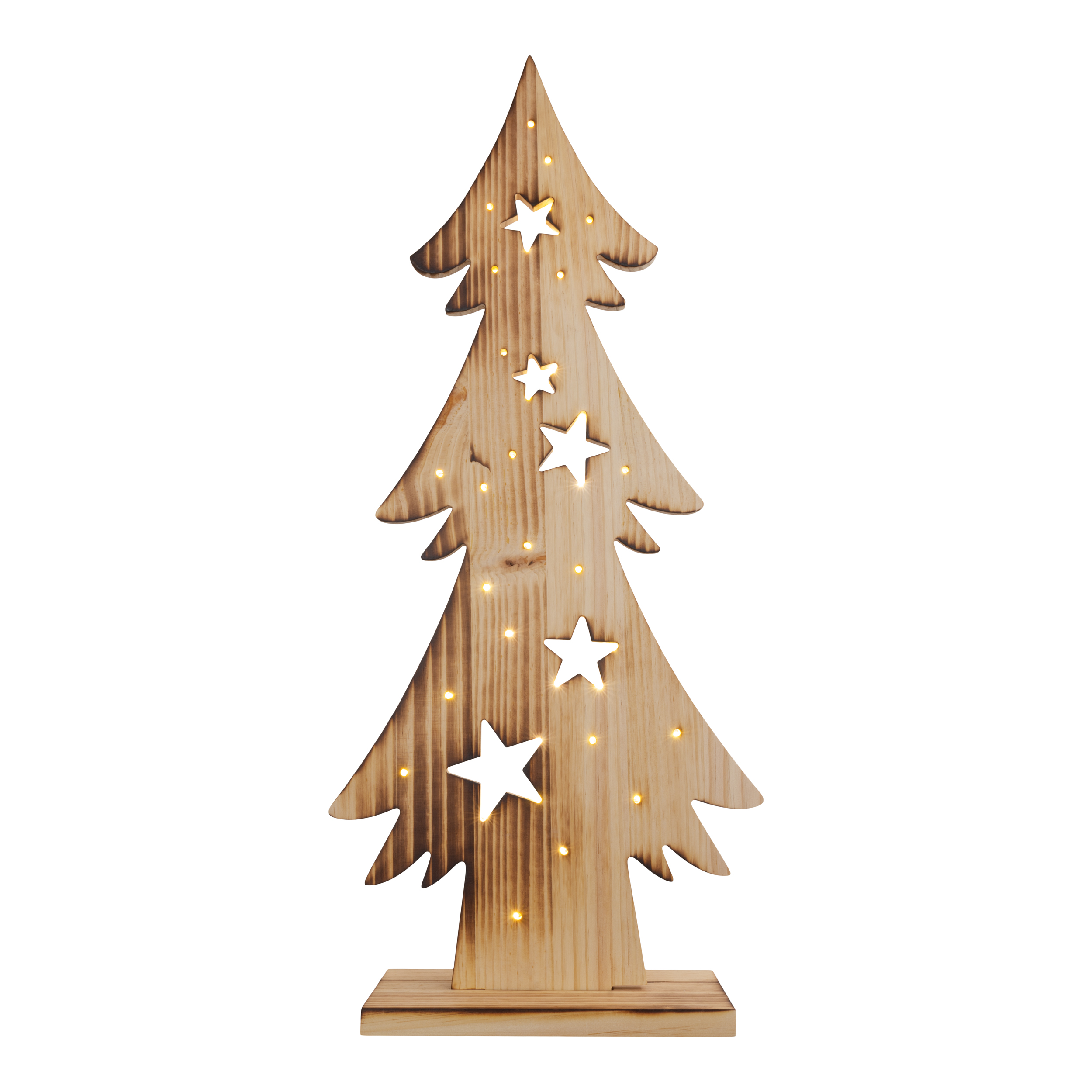Weihnachtsbaum aus Holz mit Sternaussparungen, beleuchtet von warmen Lichtern.
