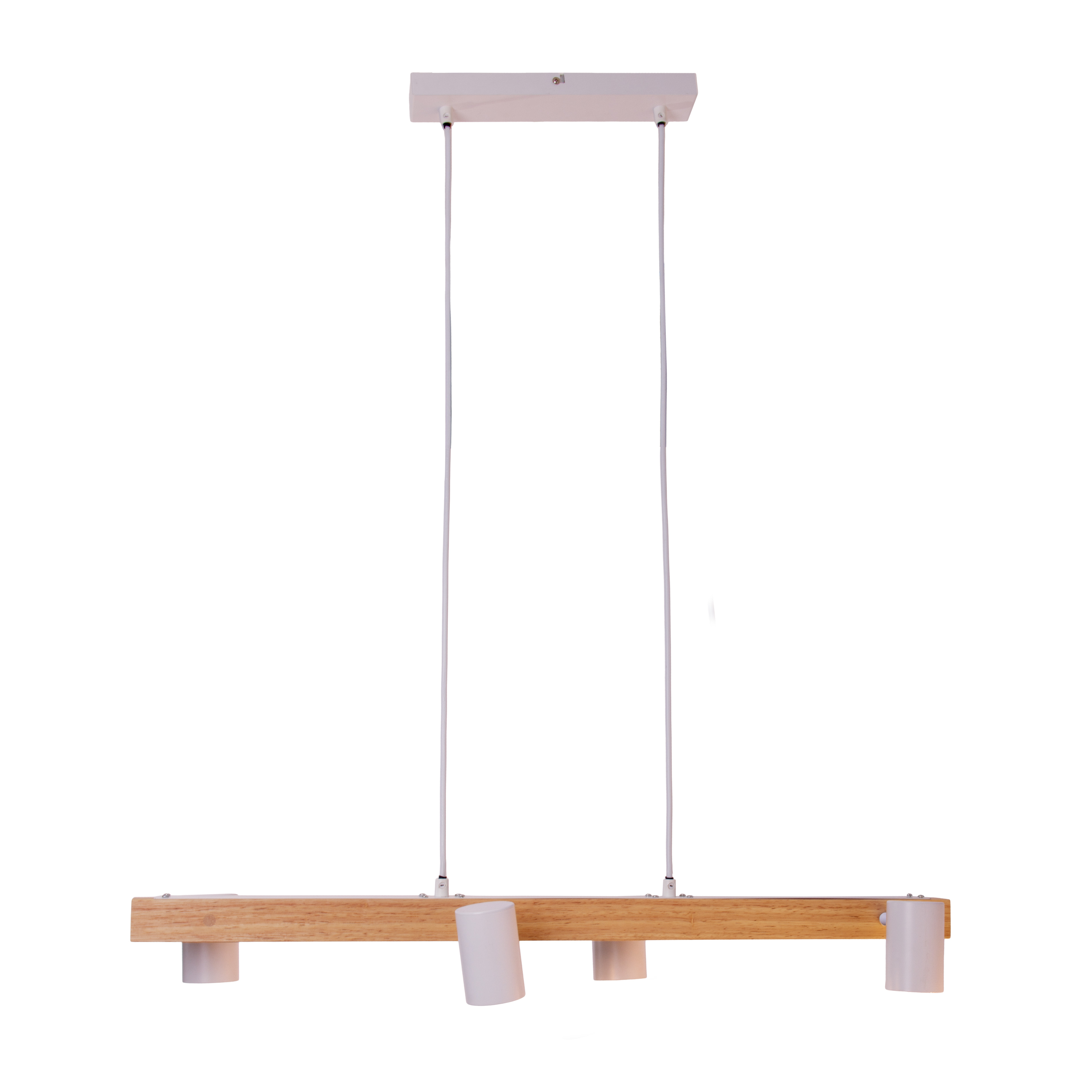 Eine weiße Deckenleuchte mit Holzbalken und vier weißen zylindrischen Lichtern, die herunterhängen.
