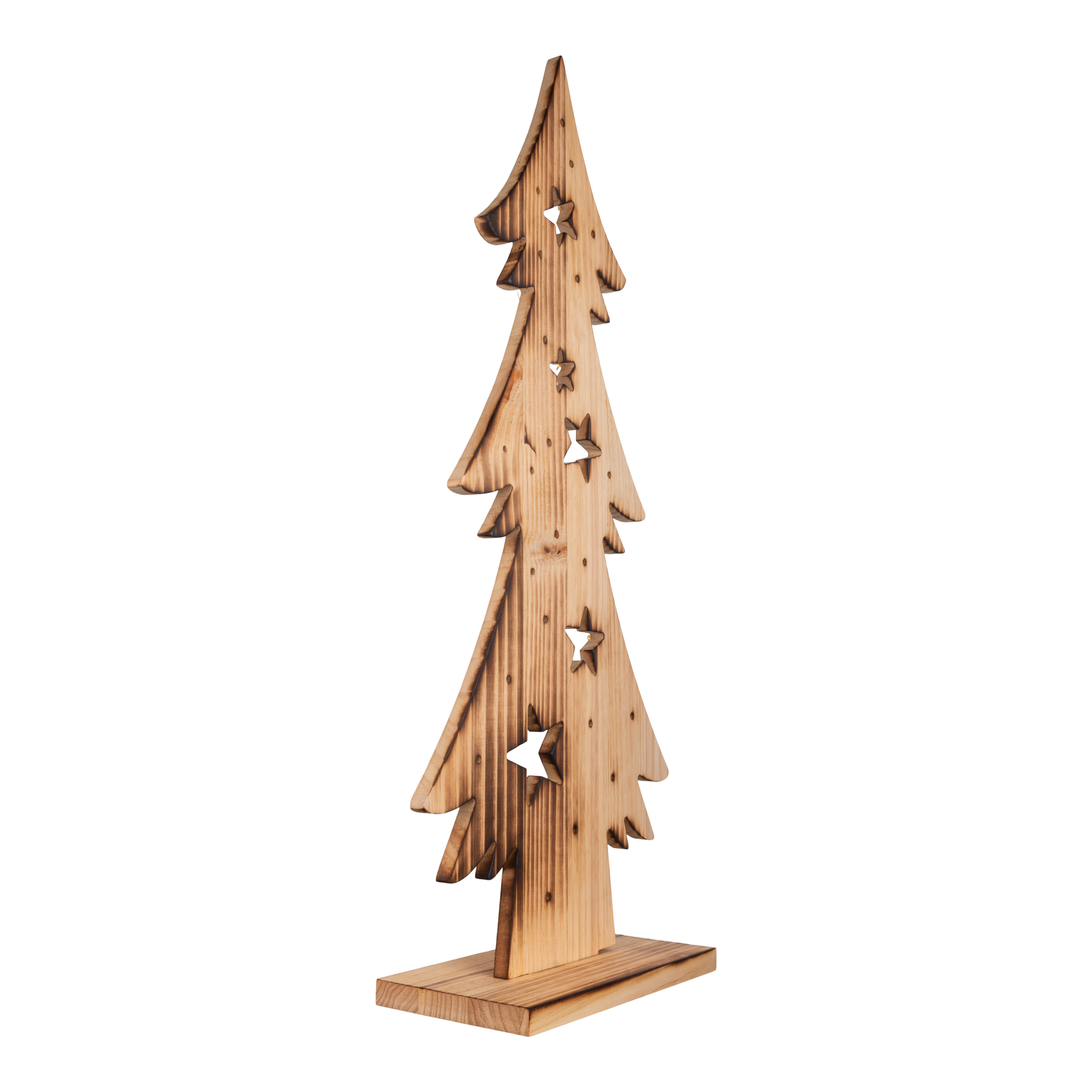 Dekorativer Weihnachtsbaum aus Holz mit sternförmigen Ausschnitten auf weißem Grund.