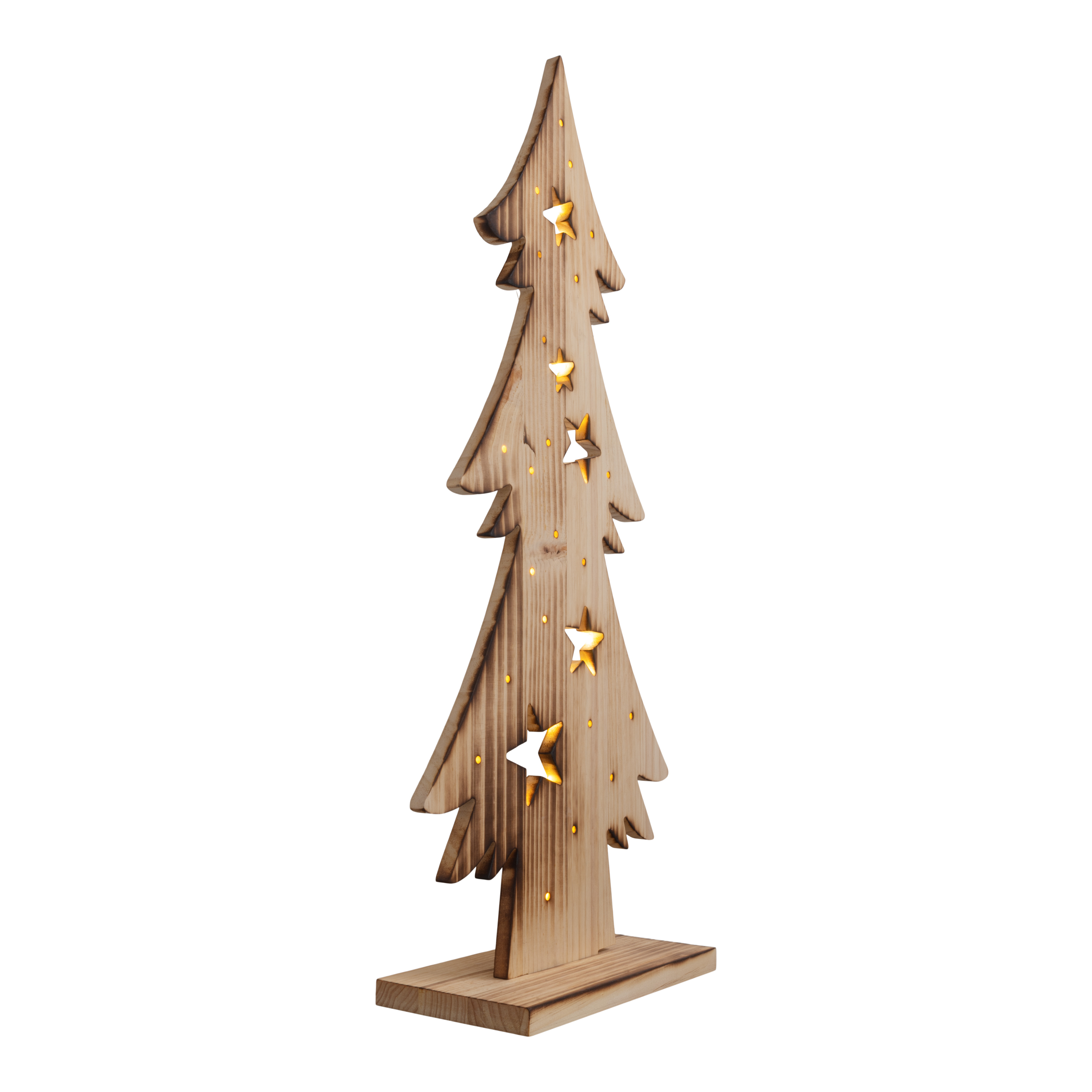 Weihnachtsbaumdeko aus Holz. Sternförmige Ausschnitte mit Lichtern innen.
