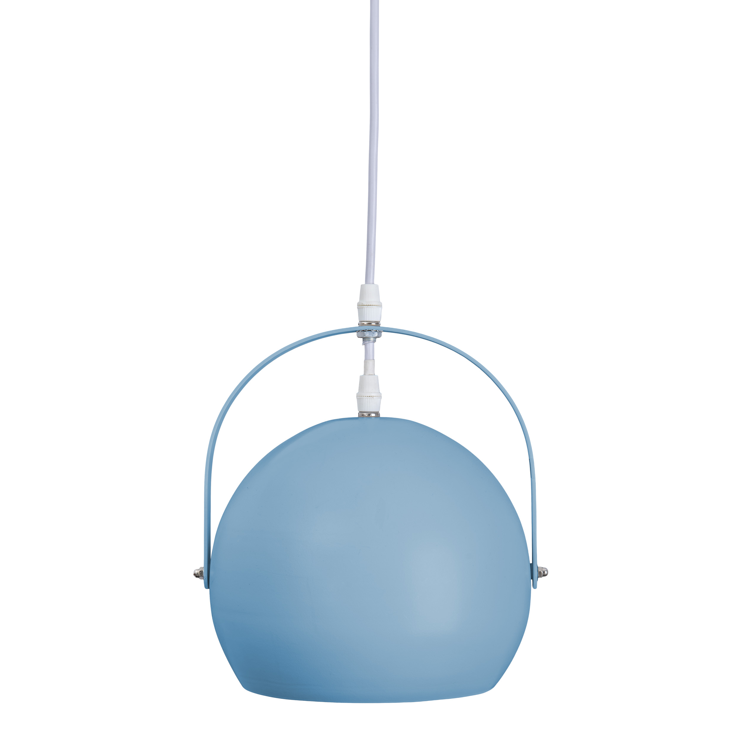 Blaue Pendelleuchte mit rundem Schirm und weißem Kabel, das von der Decke hängt.