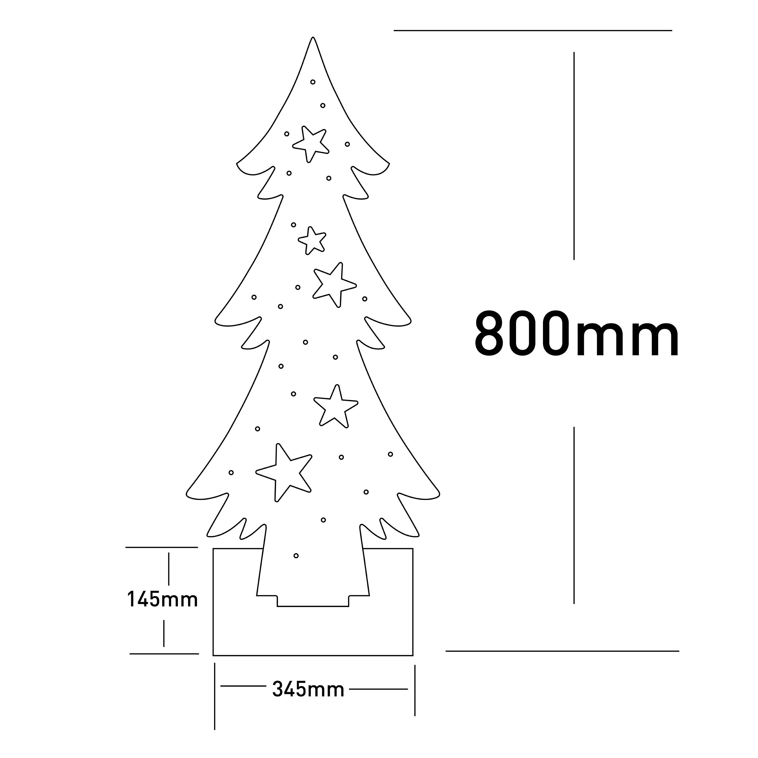 Eine Weihnachtbaum-Umrisszeichnung mit Maßangaben von 800 mm, 145 mm und 345 mm.