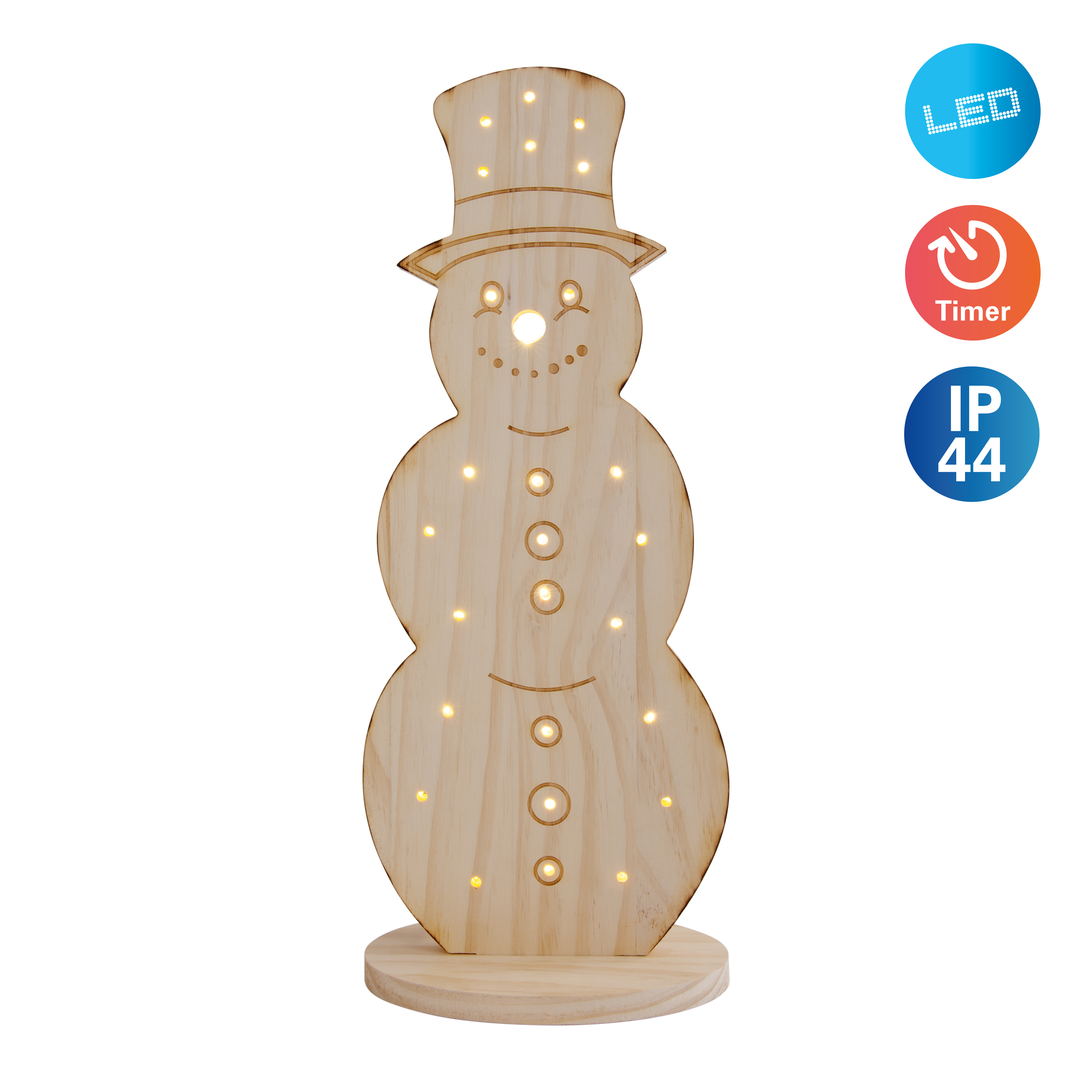 Holz-Schneemann-Dekoration mit LED-Lichtern, Timer und IP44-Schutzart. Es ist ein festlicher Winterartikel.