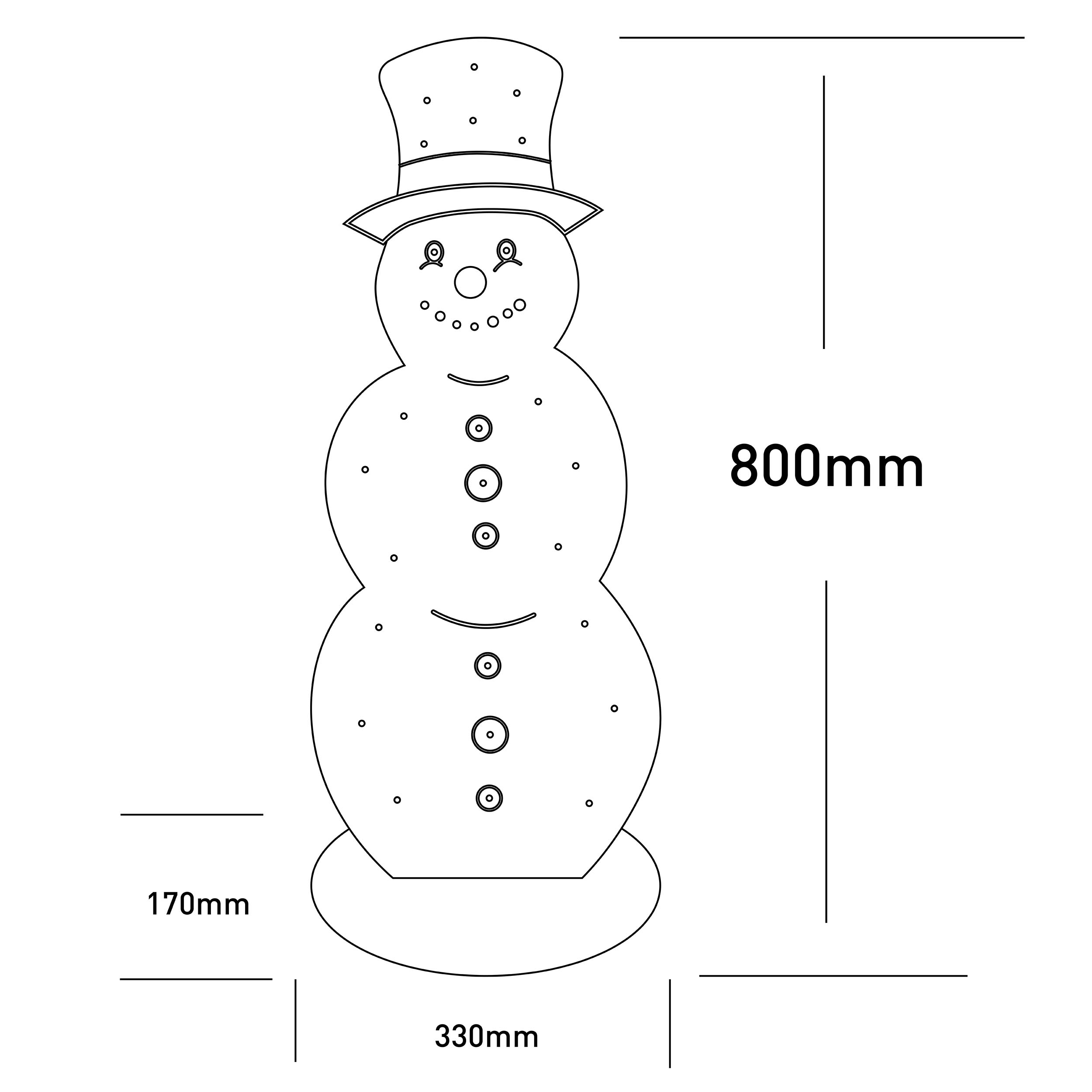 Strichzeichnung eines Schneemanns mit Abmessungen. Er hat einen Zylinder. Die Abmessungen sind 800 mm, 330 mm, 170 mm.