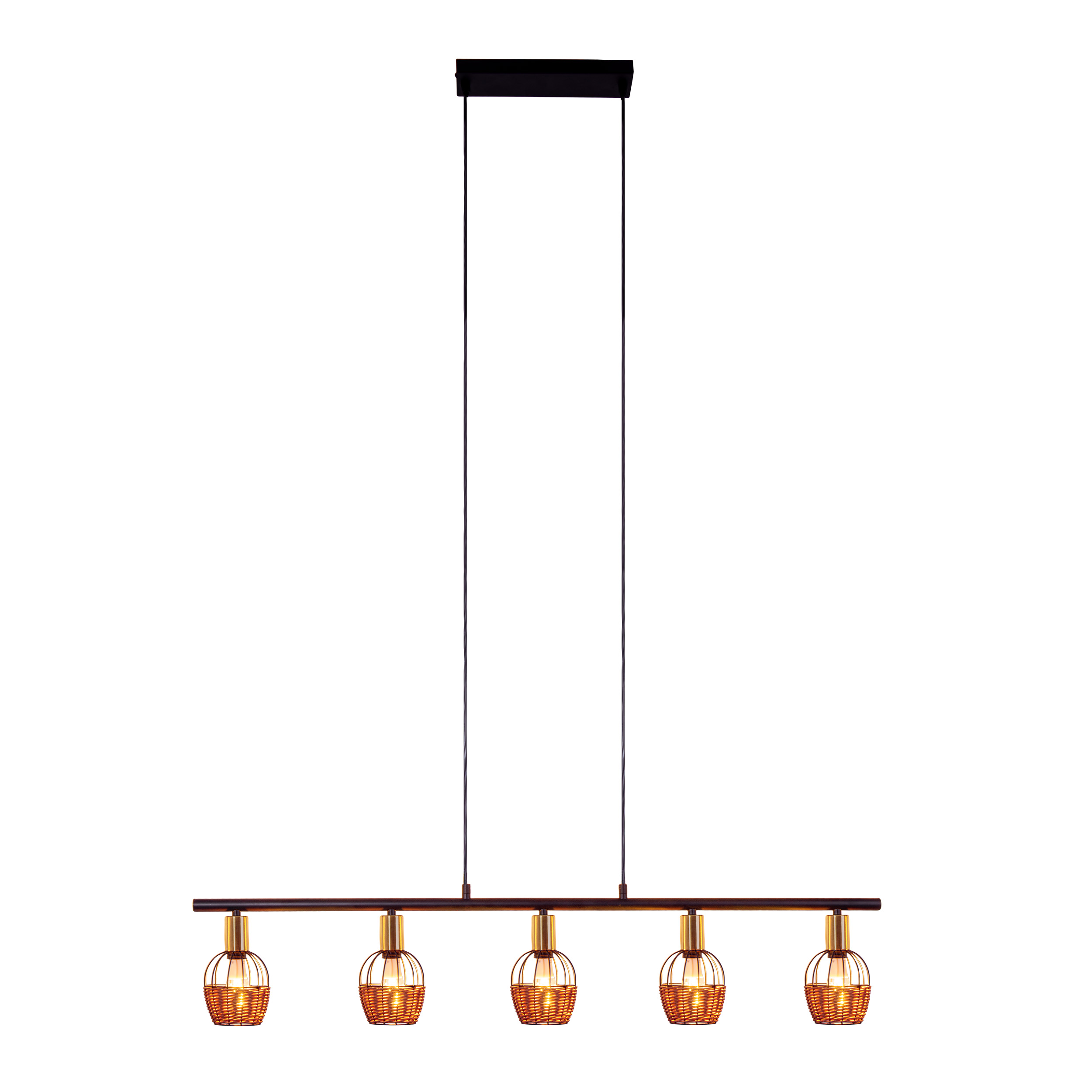 Ein moderner linearer Kronleuchter mit fünf Lichtern. Es hängt von der Decke.