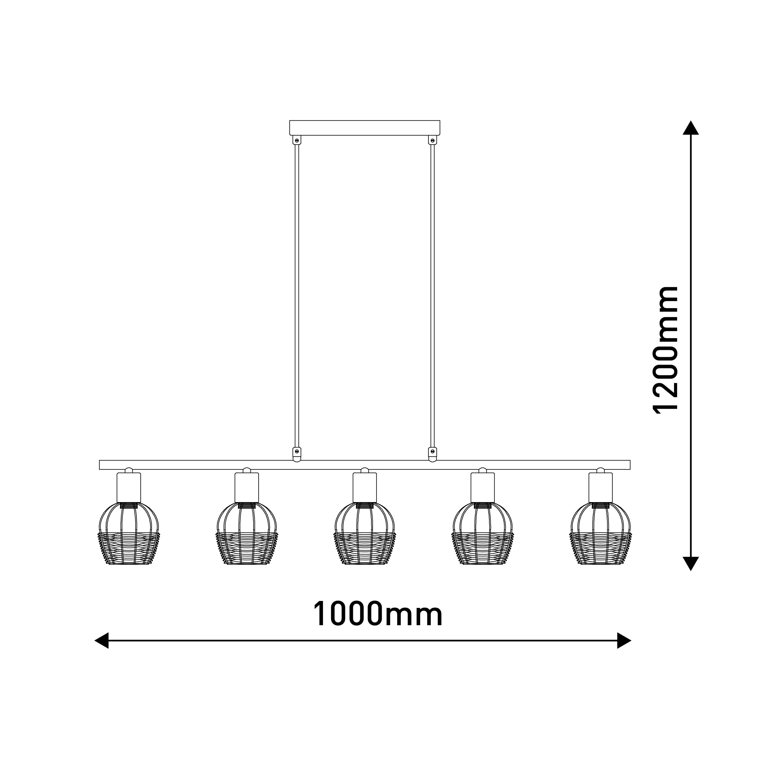 Lineare Pendelleuchte mit fünf Lampen, Abmessungen: 1000 mm x 1200 mm. Lampen haben gewebte Schirme.