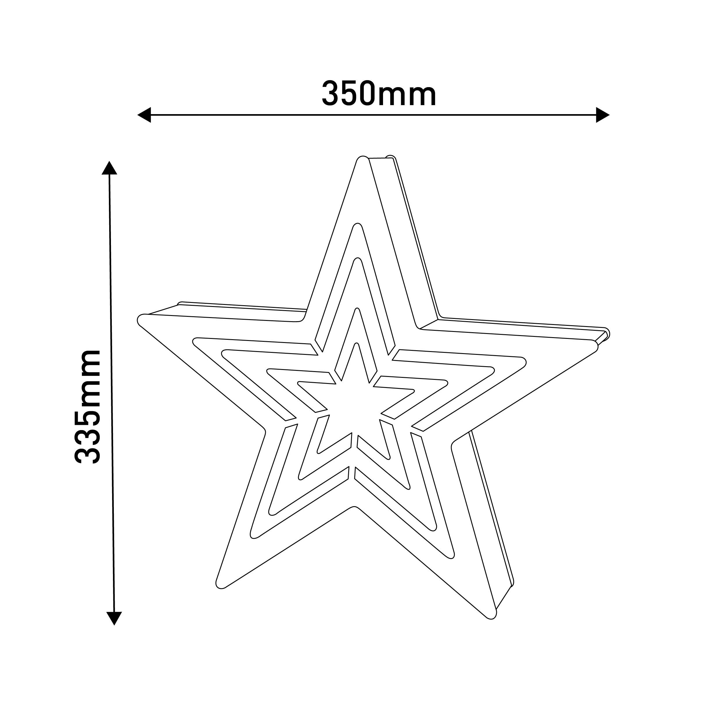 Sternförmige Dekoration. Maße: 350mm breit, 335mm hoch. Weißer Hintergrund, schwarzer Umriss.