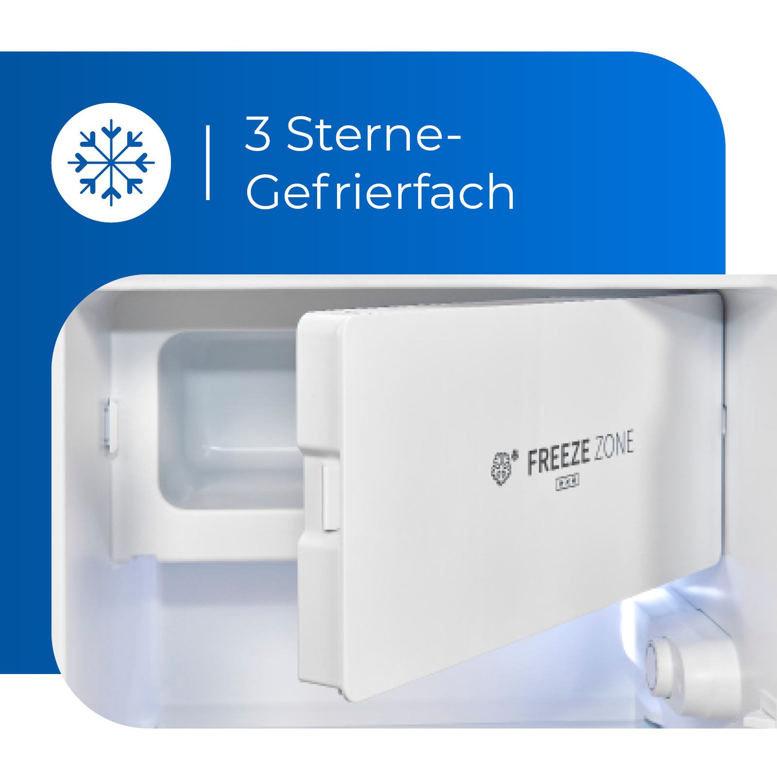 Ein Kühlschrankinnenraum mit einem weißen Gefrierfach und dem Text 'FREEZE ZONE'.