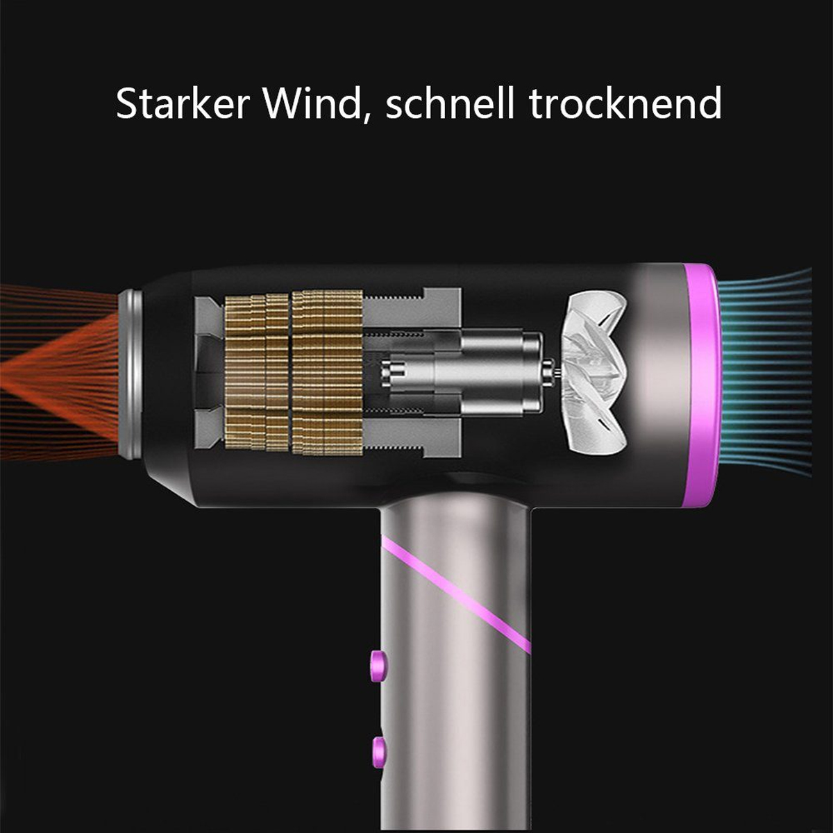 Querschnitt eines Haartrockners, der die inneren Komponenten und den Luftstrom zeigt.