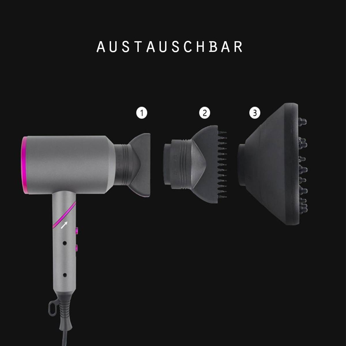 Ein zerlegter Haartrockner mit drei Aufsätzen. Der Hintergrund ist dunkelgrau.