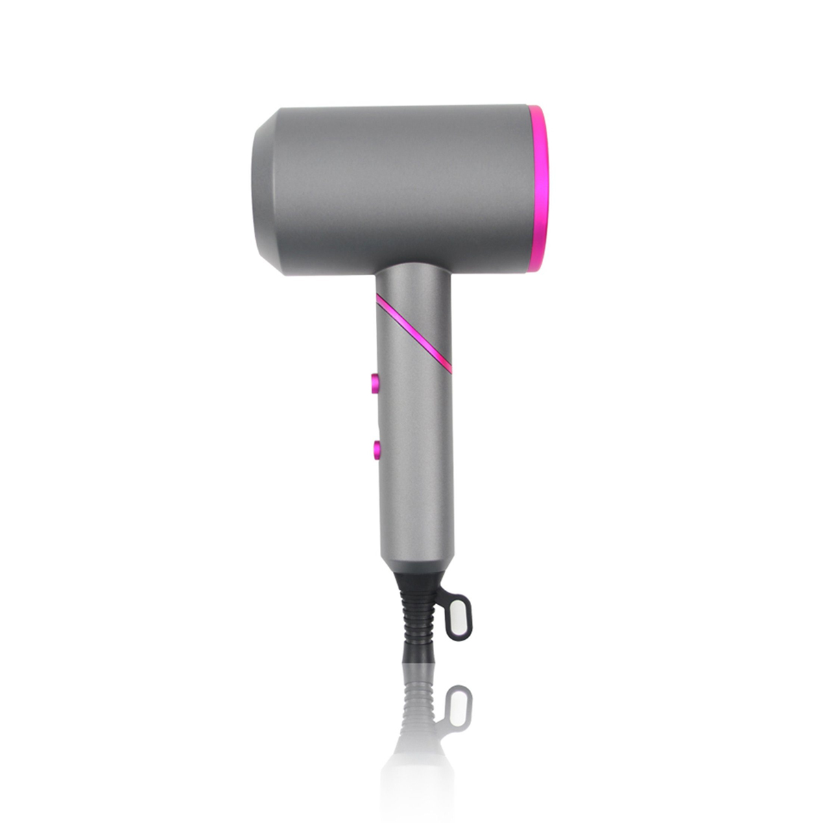 Grauer Fön mit rosa Akzenten. Er hat ein T-förmiges Design und ein schwarzes Kabel.