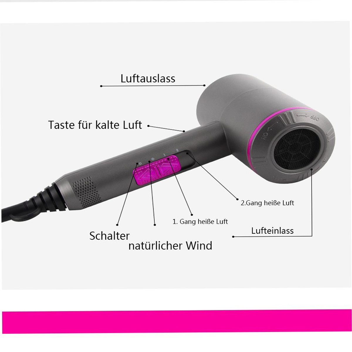 Ein grauer Haartrockner mit Knöpfen und einer Düse mit deutschem Text beschriftet.