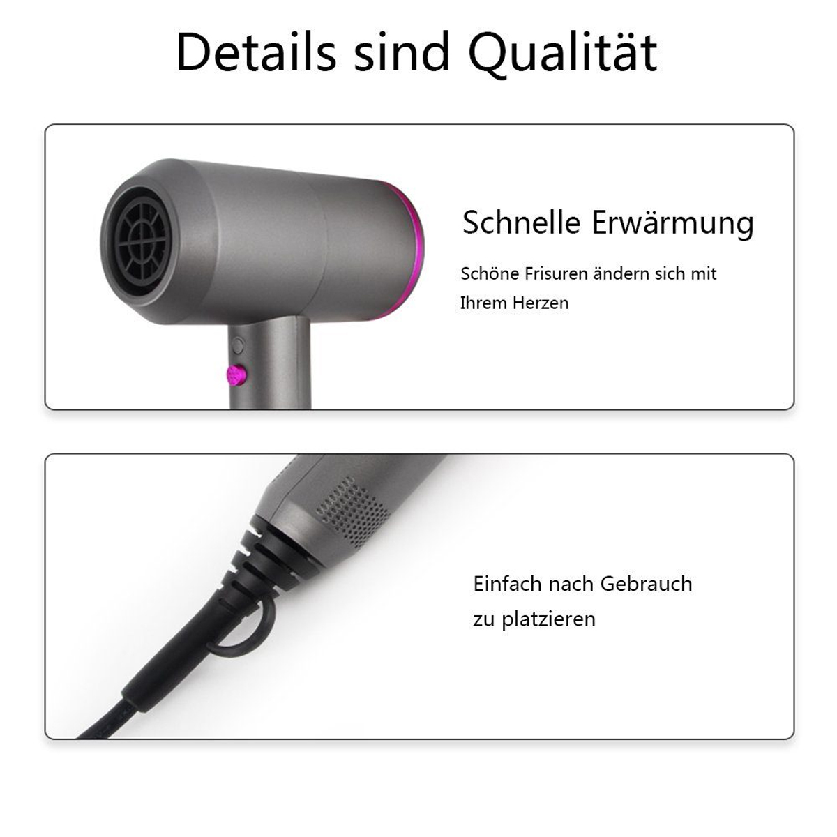 Bild eines Haartrockners mit Details, die schnelles Aufheizen und einfache Lagerung betonen.