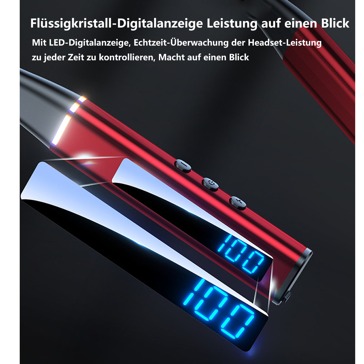 Un dispositivo rojo y negro con una pantalla digital que muestra números, con luz azul.