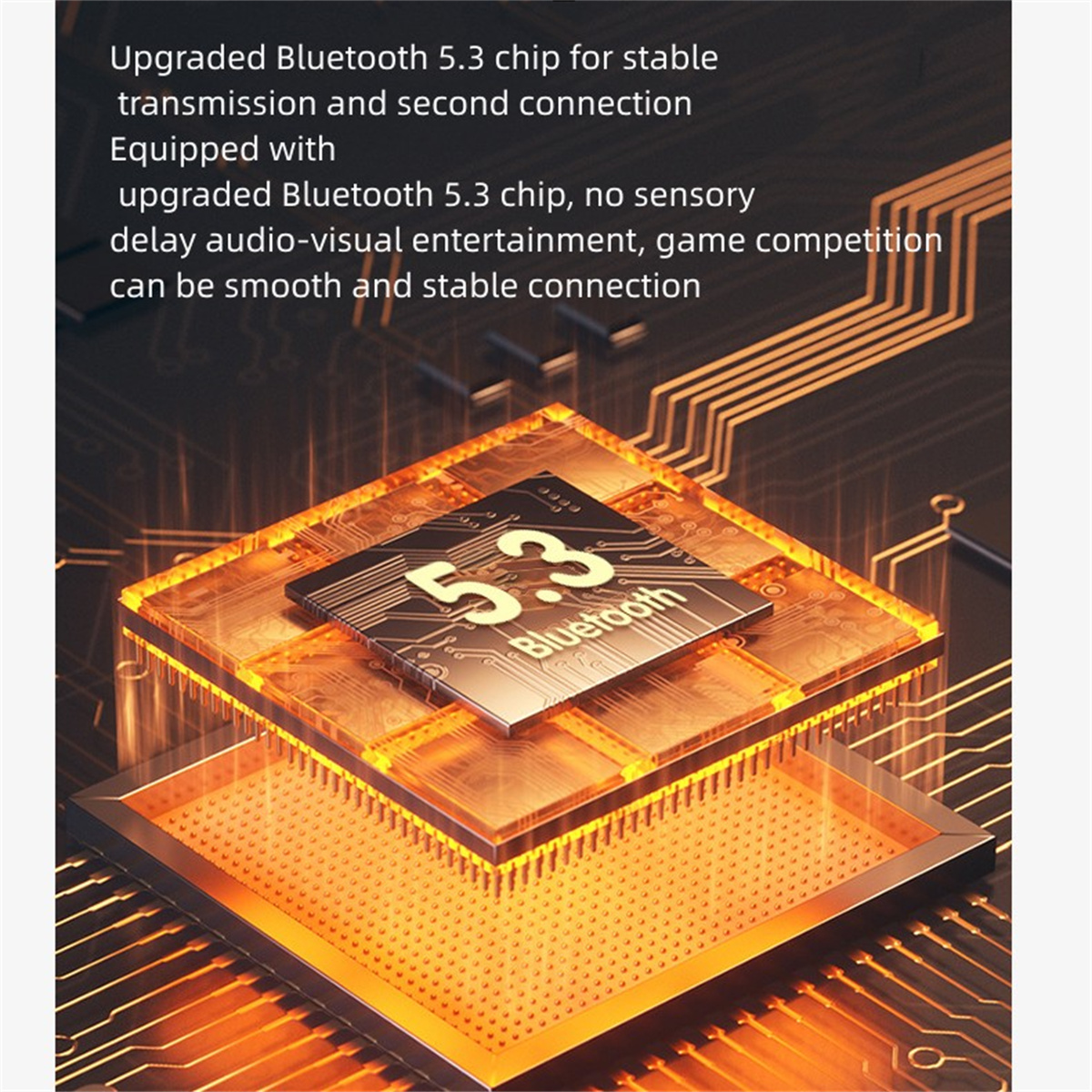 Ein gold-schwarzer Bluetooth-Chip mit Text über stabile Übertragung.