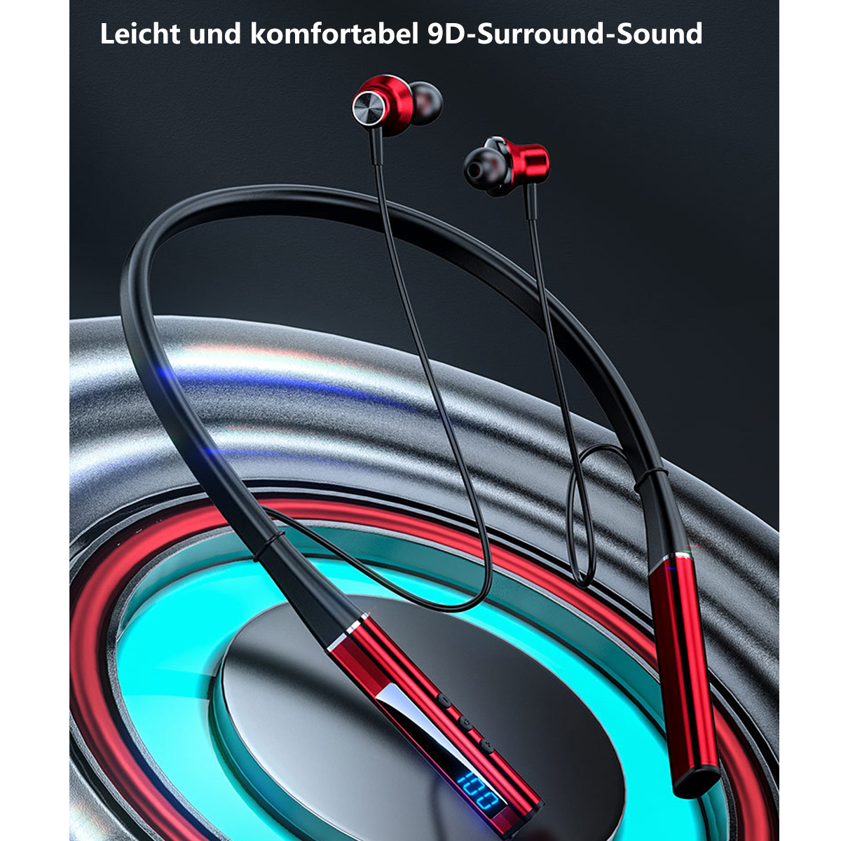 Auriculares de diadema rojos y negros con auriculares rojos, sobre un fondo negro y rojo.