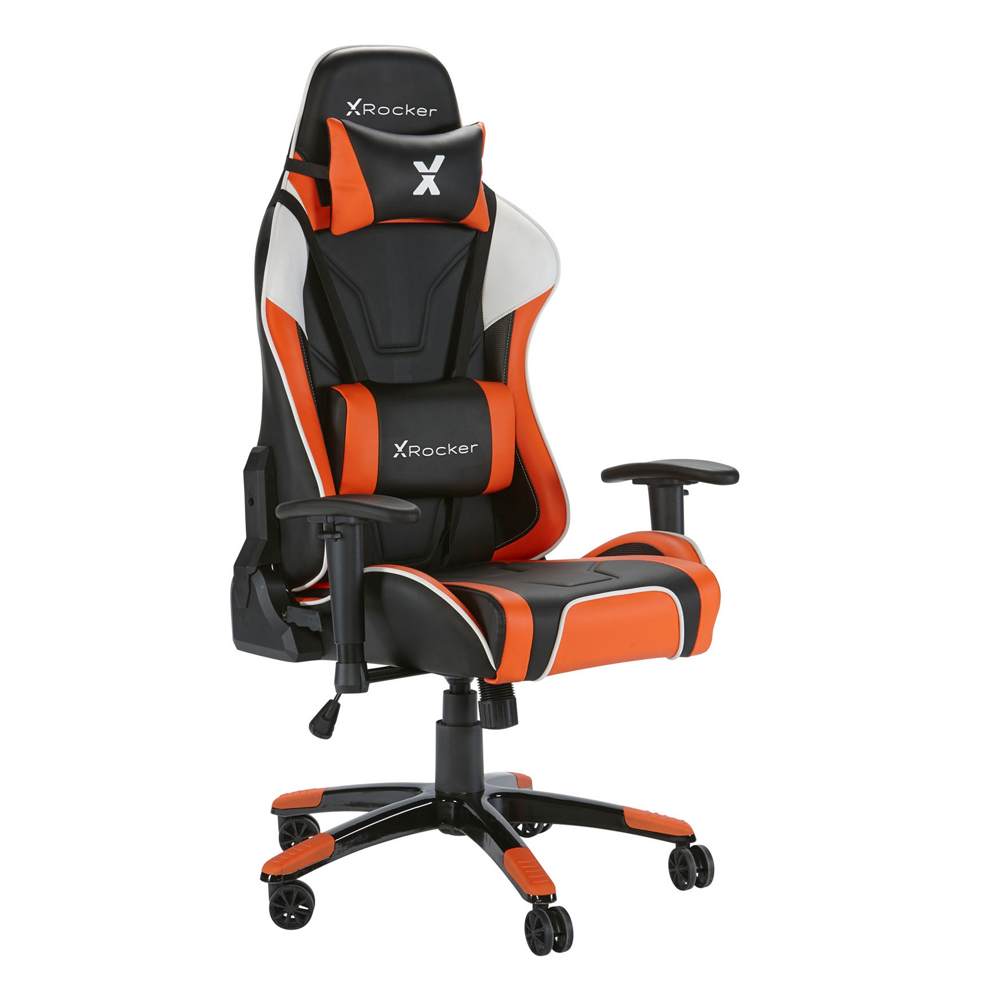 Gaming-Stuhl in Schwarz und Orange mit Kopfstütze und Armlehnen.