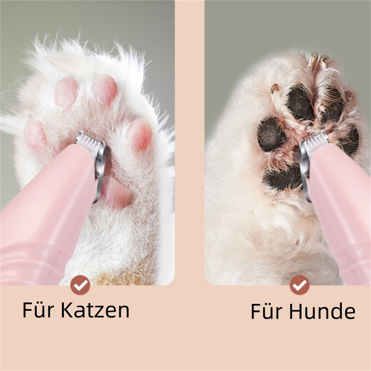 Pfoten trimmen. Eine Seite zeigt Katzenpfote, die andere Hundepfote. Rosa Trimmer wird verwendet.