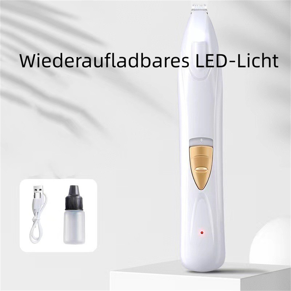 Weißes, wiederaufladbares LED-Lichtgerät und eine kleine Flasche und Ladegerät.
