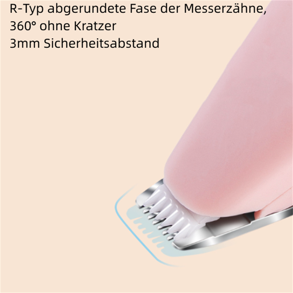 Nahaufnahme eines rosa Rasiererkopfes mit Klingen. Text: Abgerundete Klinge, 360° ohne Kratzer, 3 mm Sicherheitsabstand.