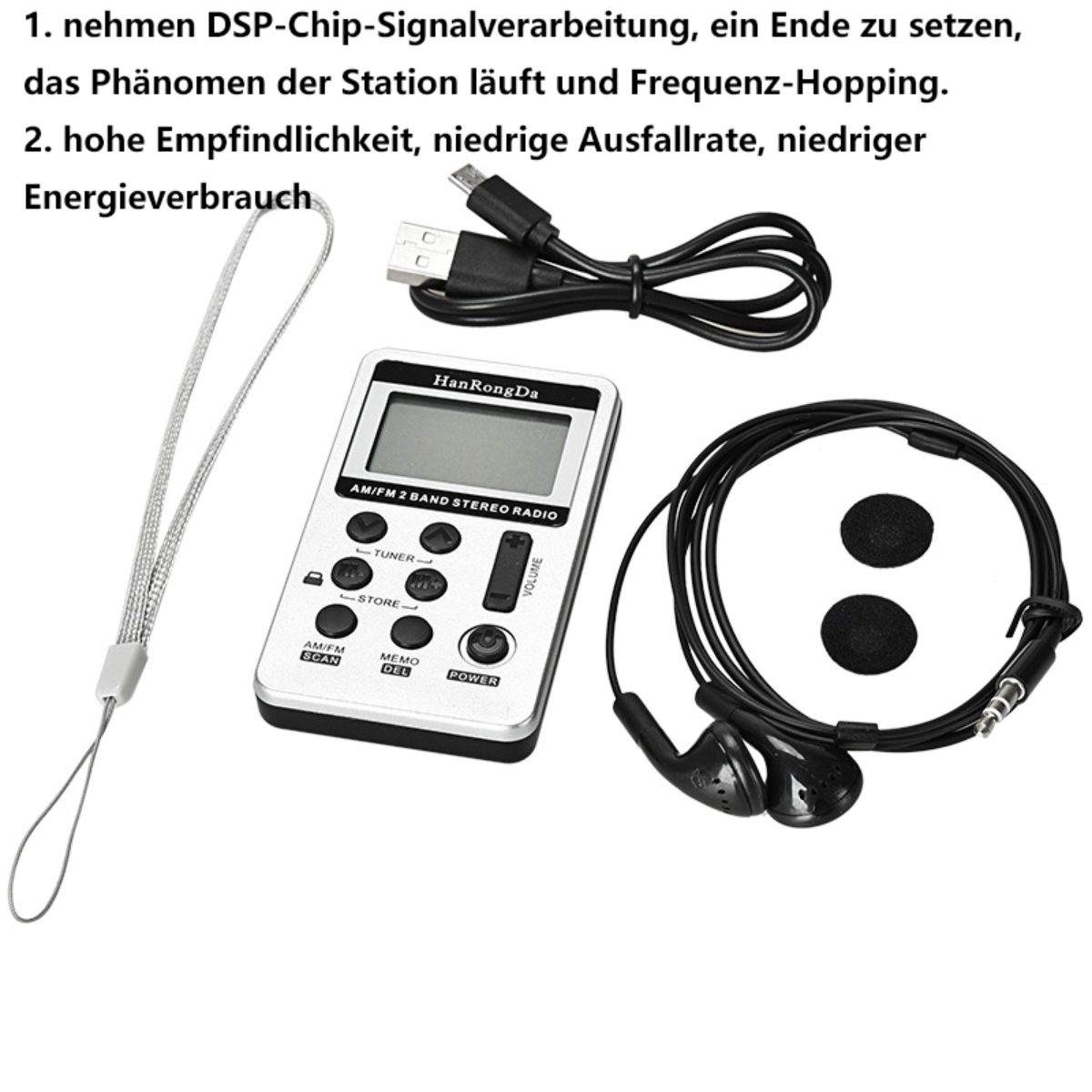 Radio pequeño con auriculares, cable USB y cordón. Texto en idioma alemán.