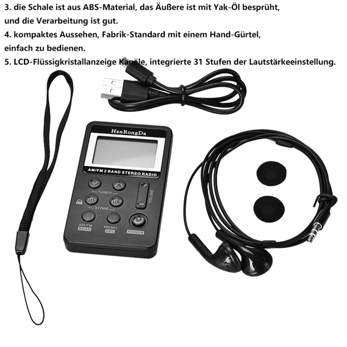 Radio, auriculares y accesorios sobre una superficie blanca, con descripción de texto.