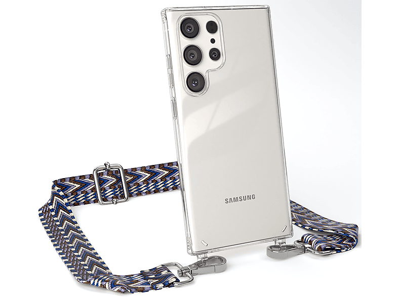 EAZY CASE mit Transparente Ultra, / Galaxy Style, Boho Umhängetasche, Weiß Blau Samsung, Handyhülle S23 Kordel