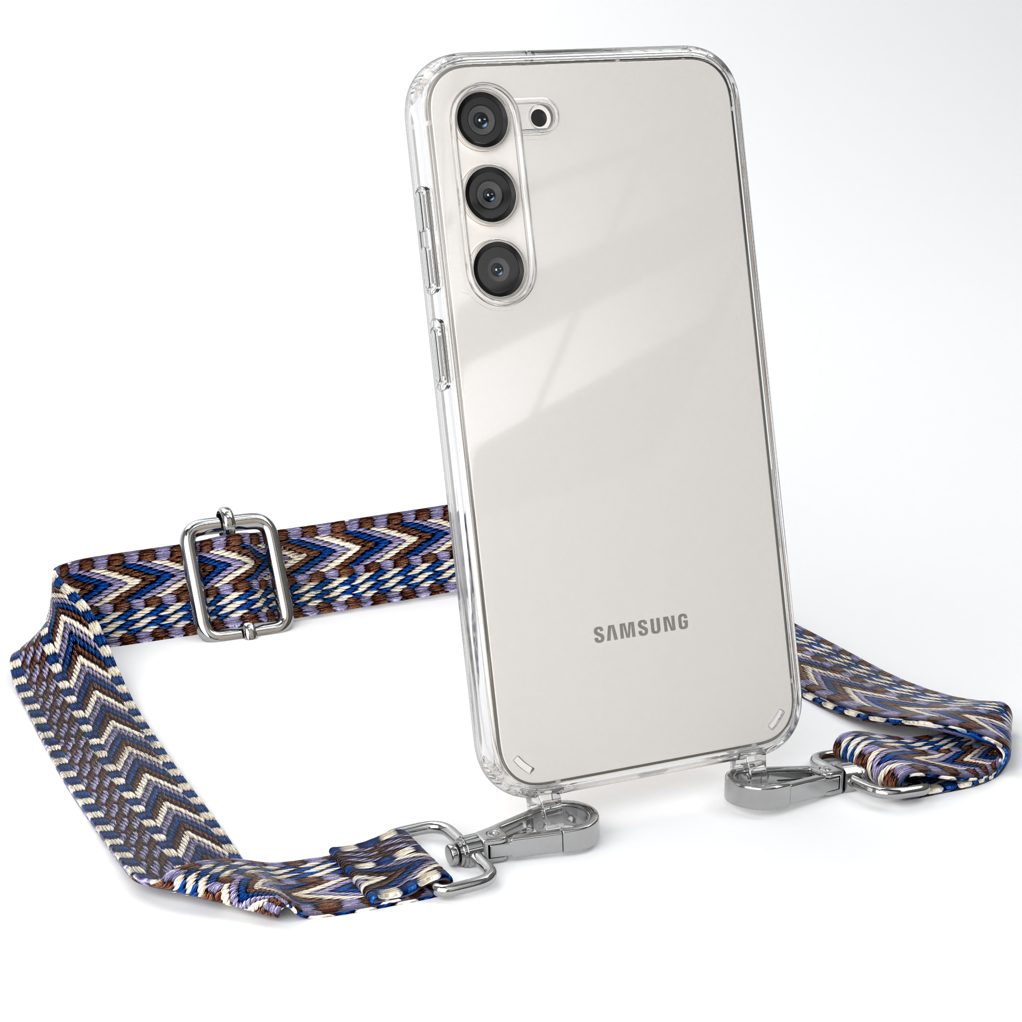 EAZY CASE Transparente Handyhülle mit S23 Kordel Blau Umhängetasche, Style, Galaxy Weiß Plus, Samsung, Boho 