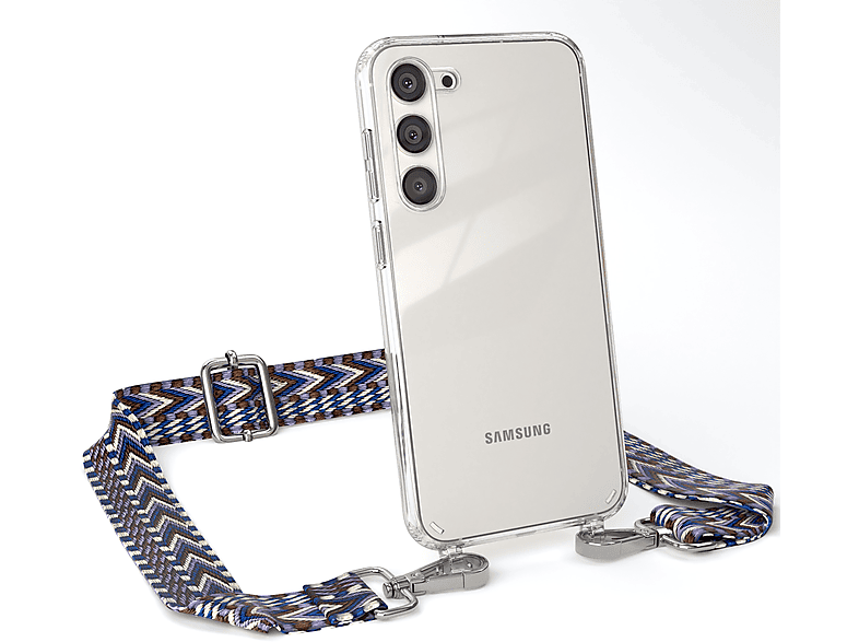 EAZY CASE Transparente Handyhülle Style, Samsung, Kordel Blau Umhängetasche, Weiß Plus, Boho mit Galaxy S23 
