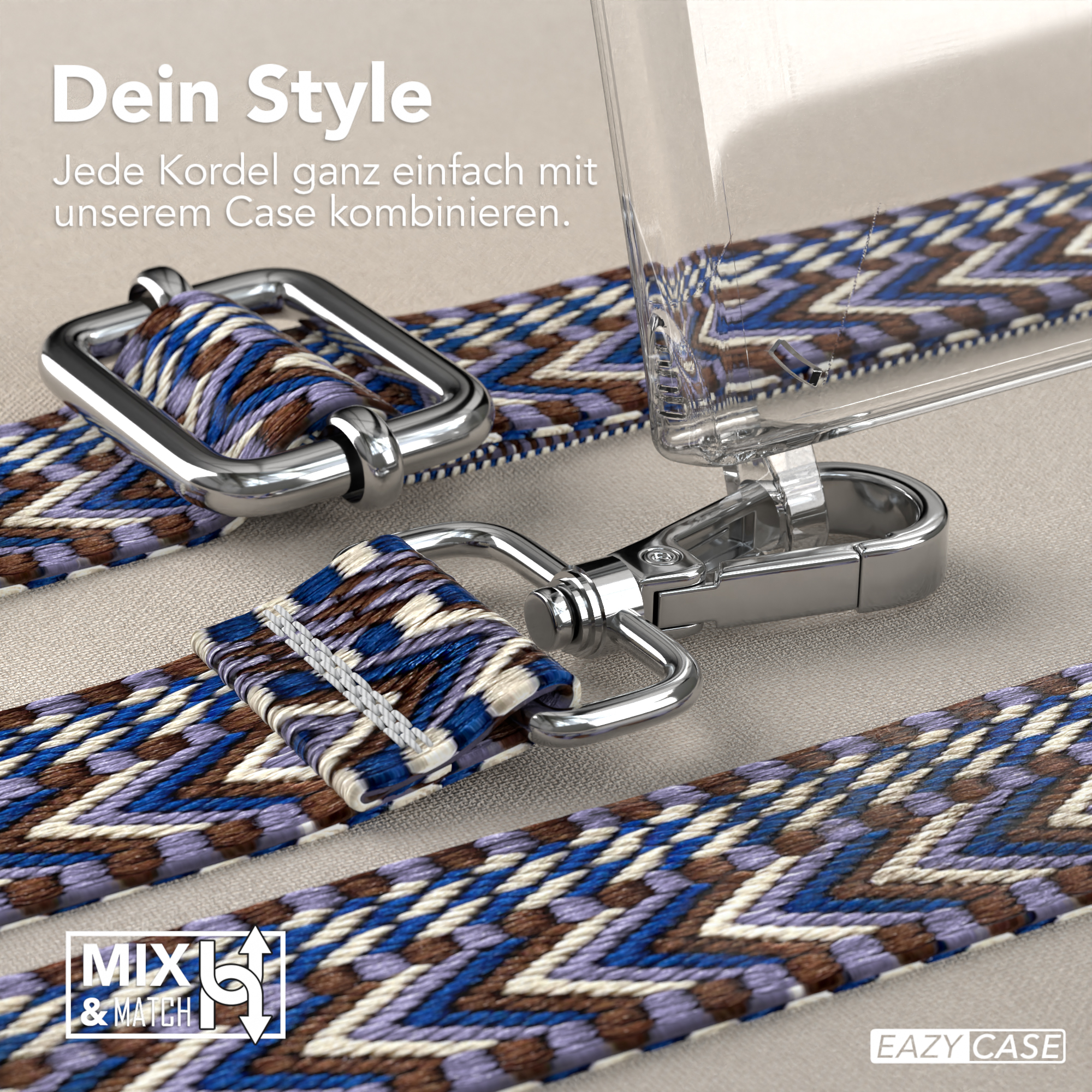 Blau-violett gemusterte Handytaschenriemen mit silbernen Verschlüssen und einer transparenten Handyhülle.