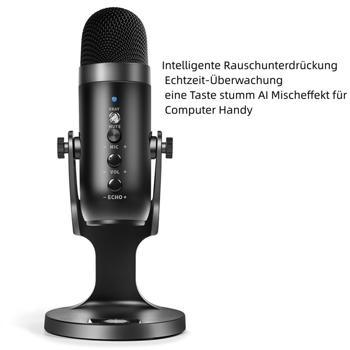 Schwarzes Mikrofon mit Knöpfen und Text 'MUTE', 'MIC+' und 'VOL+'. Text: 'Intelligente Rauschunterdrückung'.