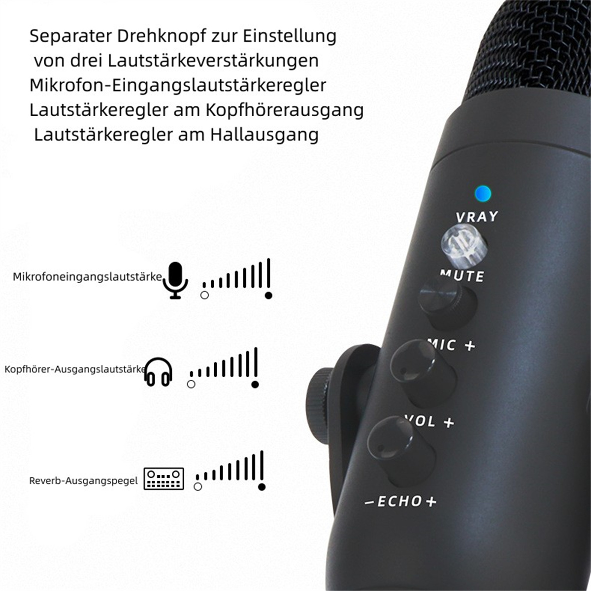 Nahaufnahme eines schwarzen Mikrofons mit Knöpfen und einem Drehregler für Lautstärke und Echo.