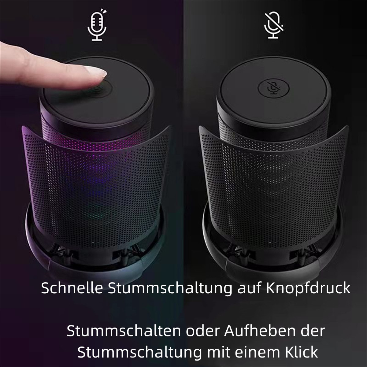 Zwei Mikrofonbilder, eins stumm, eins nicht. Finger drückt Knopf. Text: Stumm/Entstummen.