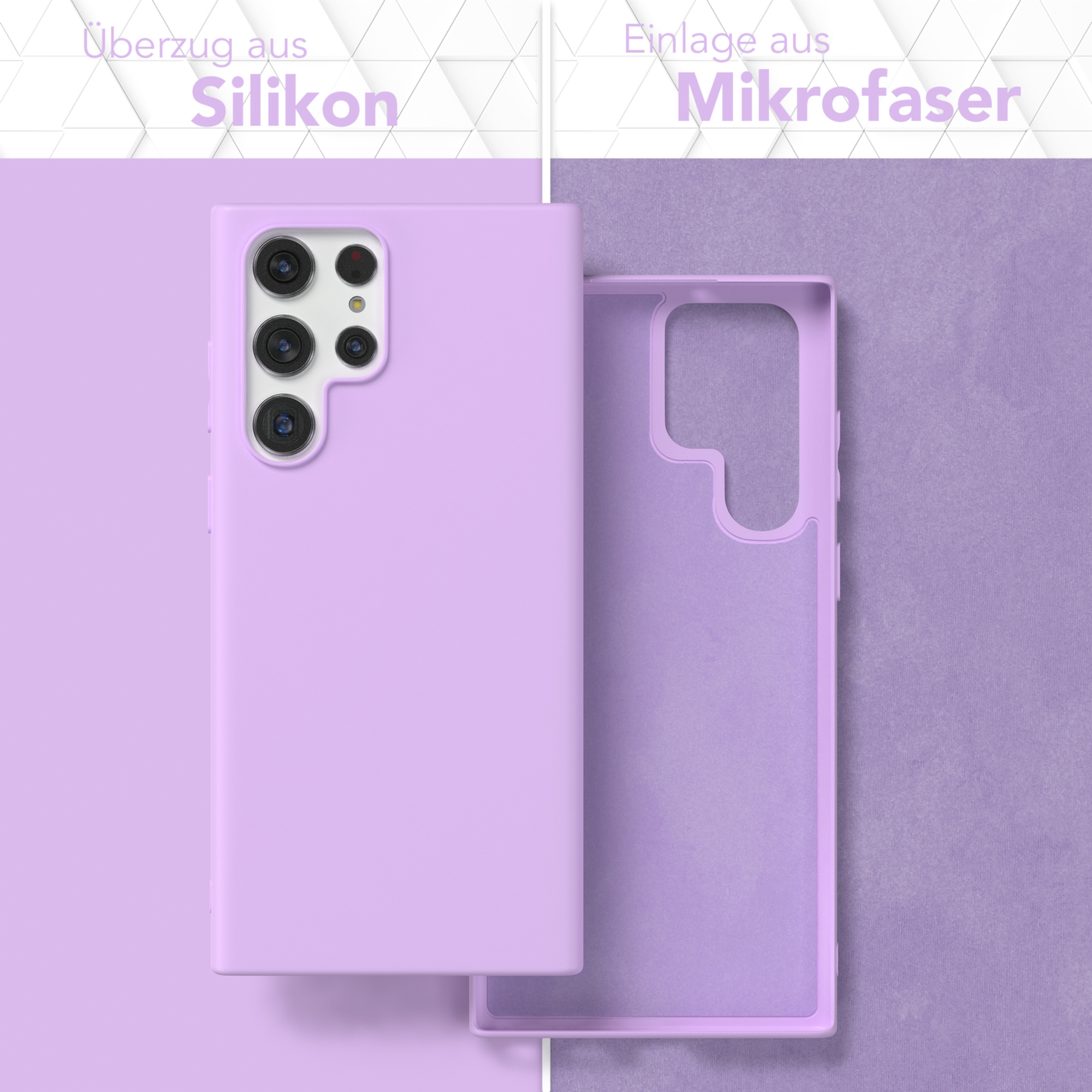 Eine lila Handyhülle, mit Silikonbeschichtung vorne und Mikrofaser innen.