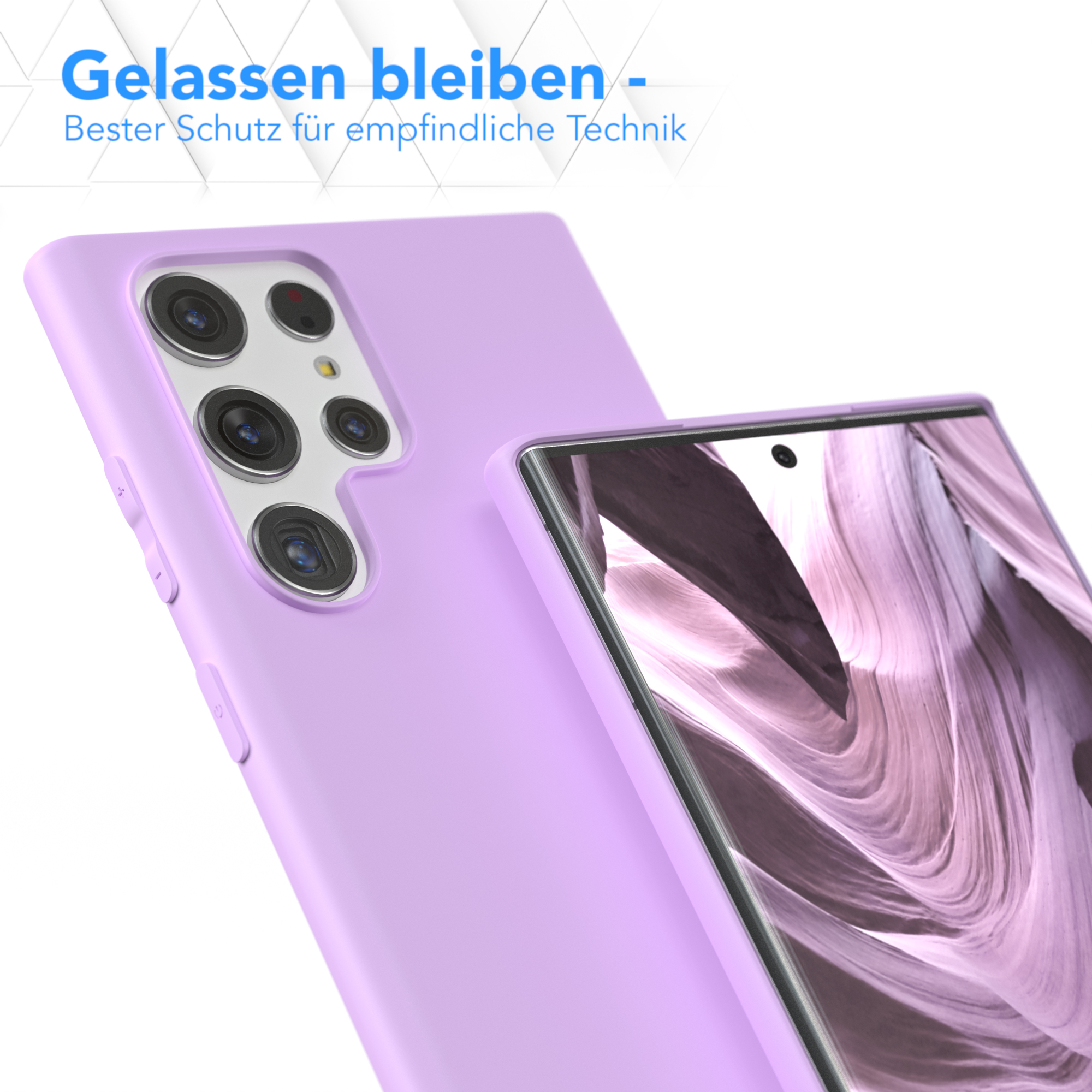 Zwei lila Handyhüllen, eine auf einem Handy. Weißer Hintergrund, Text oben.