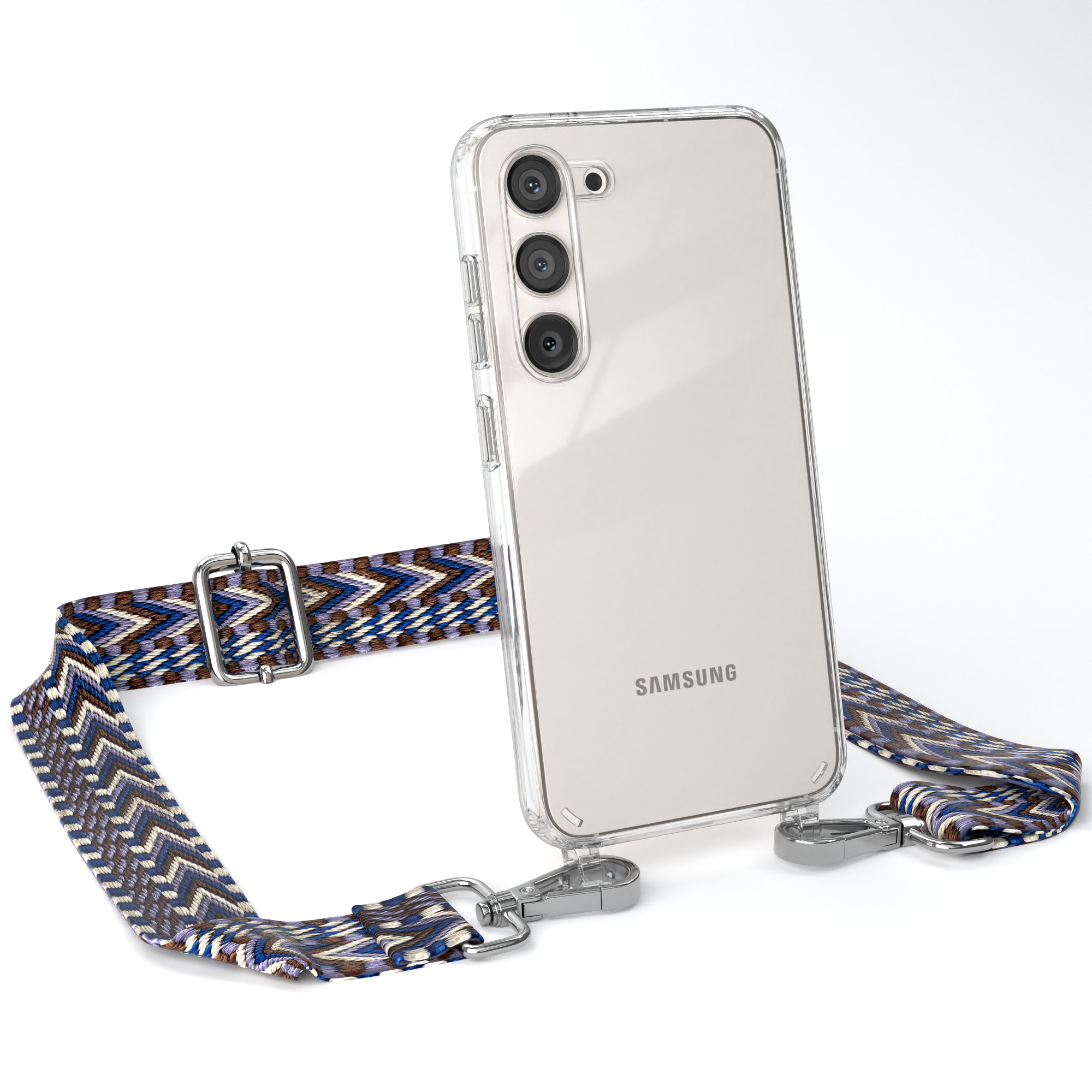 Eine transparente Handyhülle mit angebrachtem Riemen, Telefon wird angezeigt. Der Riemen ist gemustert.