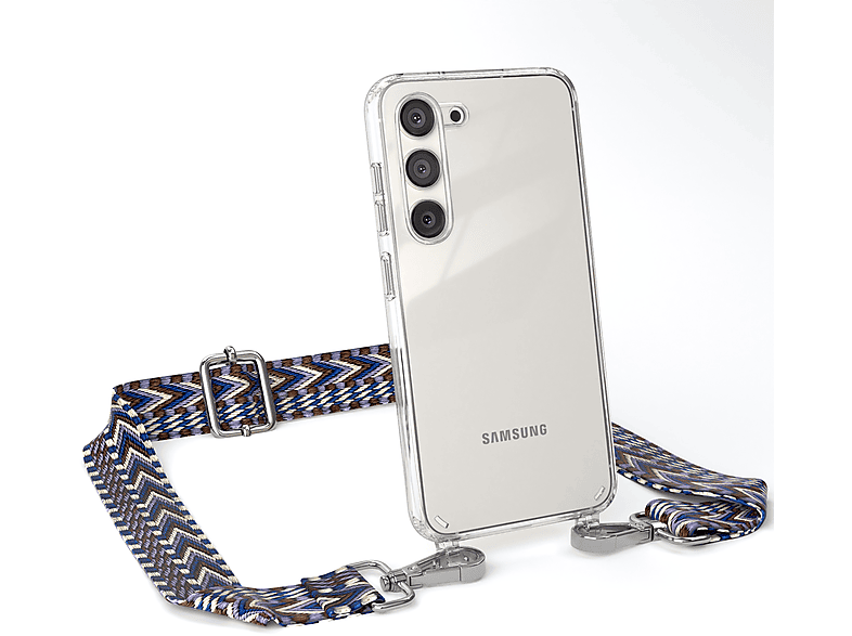 EAZY CASE Samsung, Style, Galaxy mit Transparente Handyhülle Umhängetasche, Weiß Boho S23, Blau Kordel 