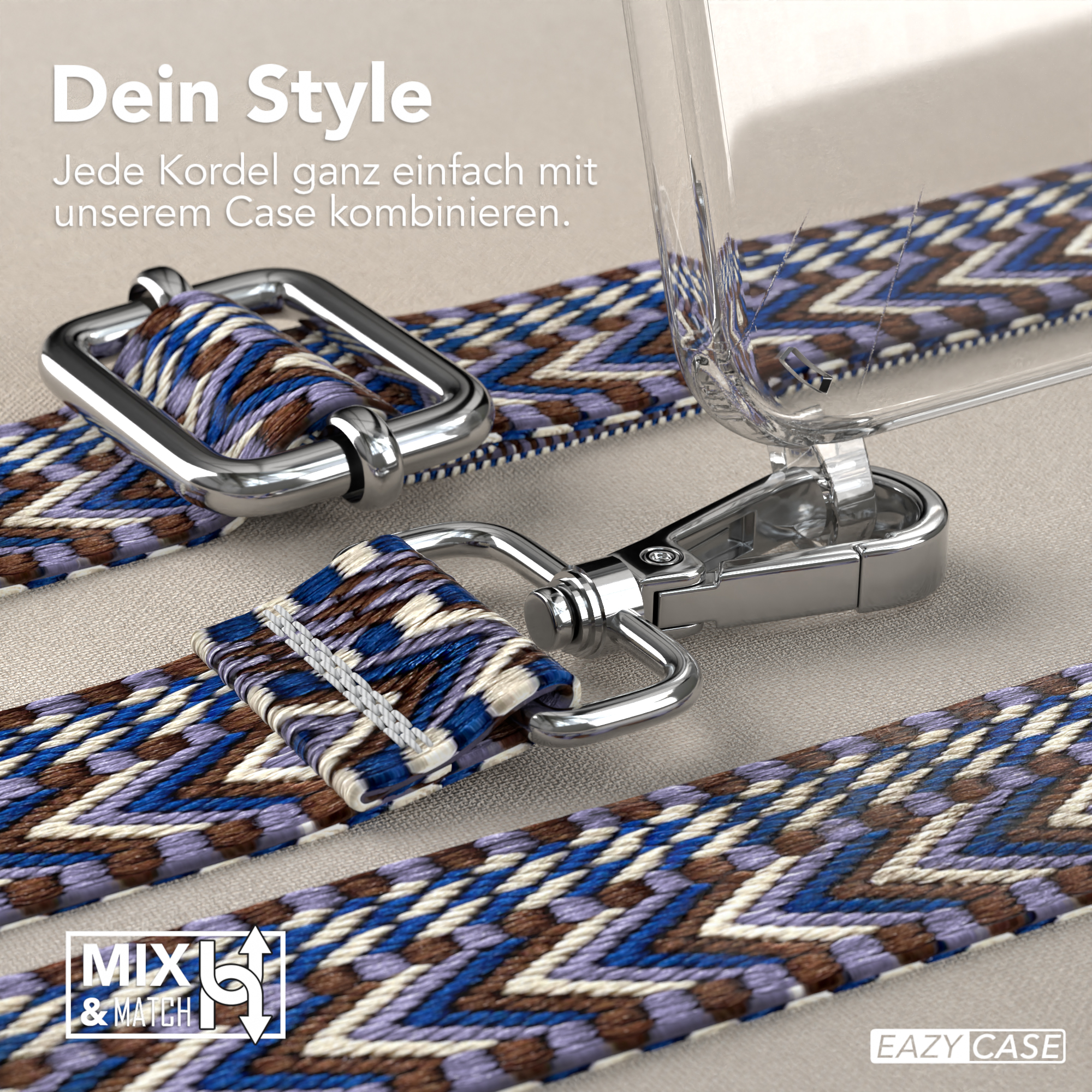 Nahaufnahme von Stoffriemen und Metallverschlüssen, die ein Design mit blauen, lila und weißen Mustern zeigen.