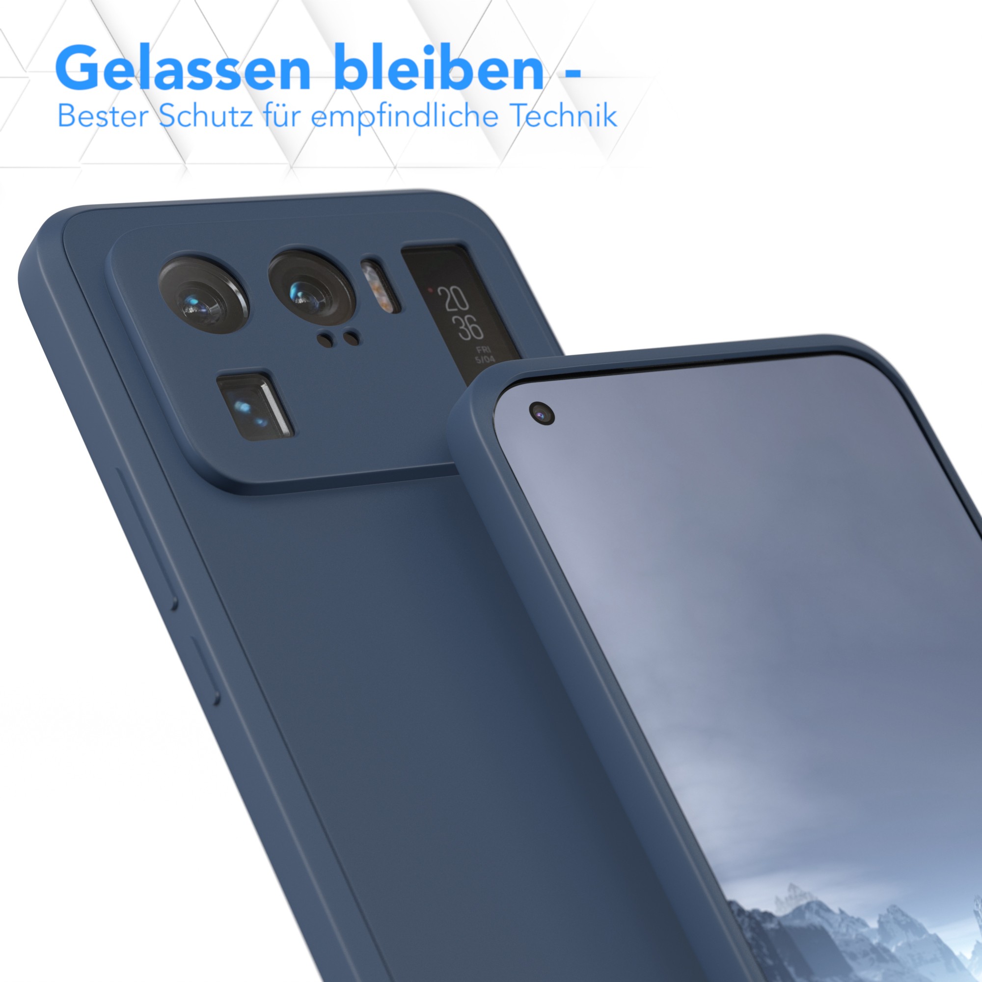 Dunkelblaue Handyhülle, offen, mit Handy. Text auf der Hülle auf Deutsch.
