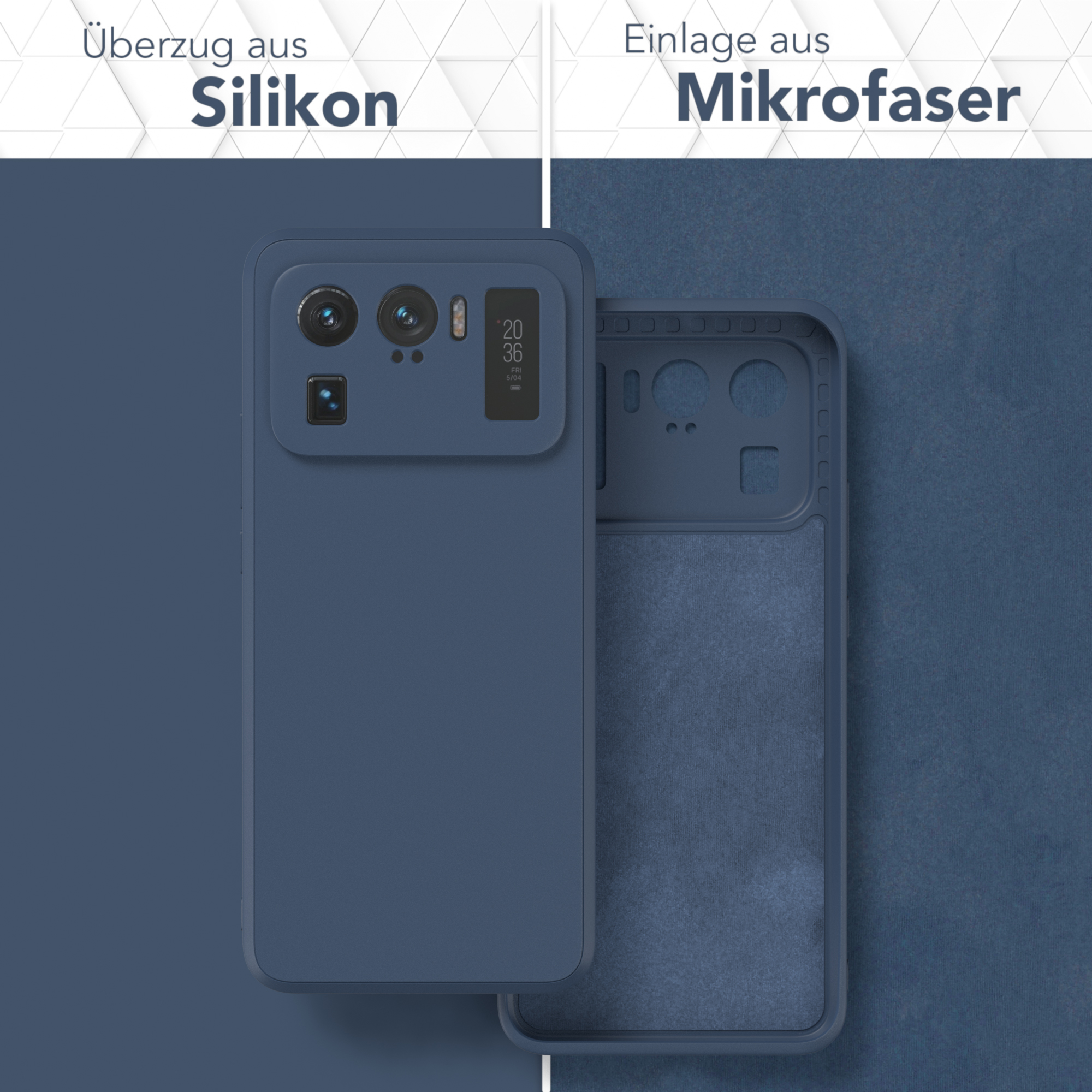 Zwei Handys, eines blau mit Silikonhülle, das andere mit Mikrofaser.