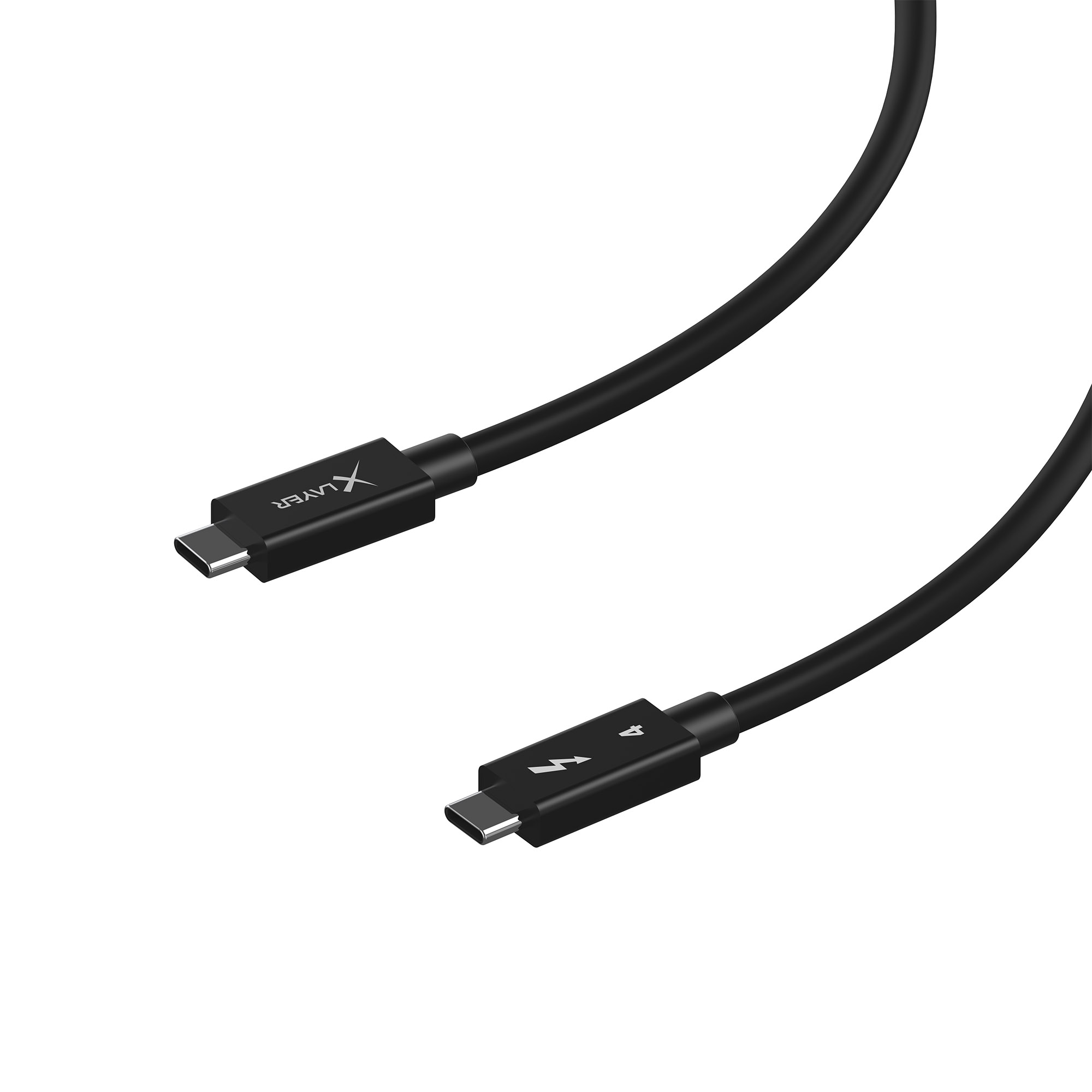 Schwarzes USB-C-Kabel mit Steckern an beiden Enden auf weißem Hintergrund.