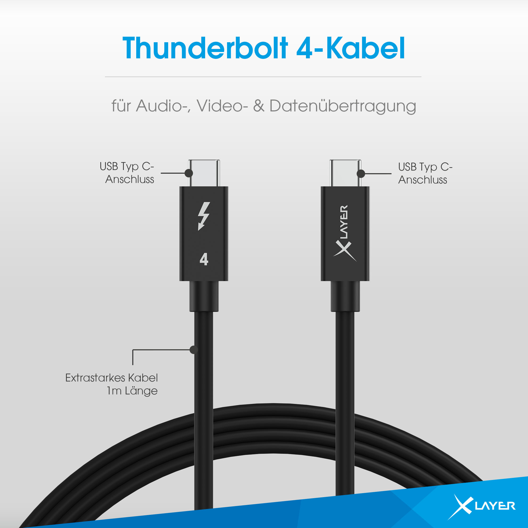 Zwei schwarze Thunderbolt 4 Kabel. Jeweils mit USB-C-Anschlüssen. Weiße Textbeschriftungen.