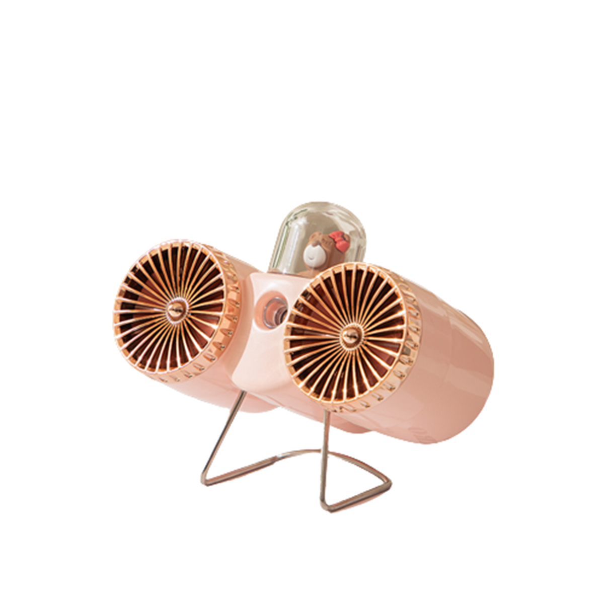 Rosa-goldener Ventilator mit Bärenfigur. Er hat zwei Ventilatoren und steht auf einem Metallständer.