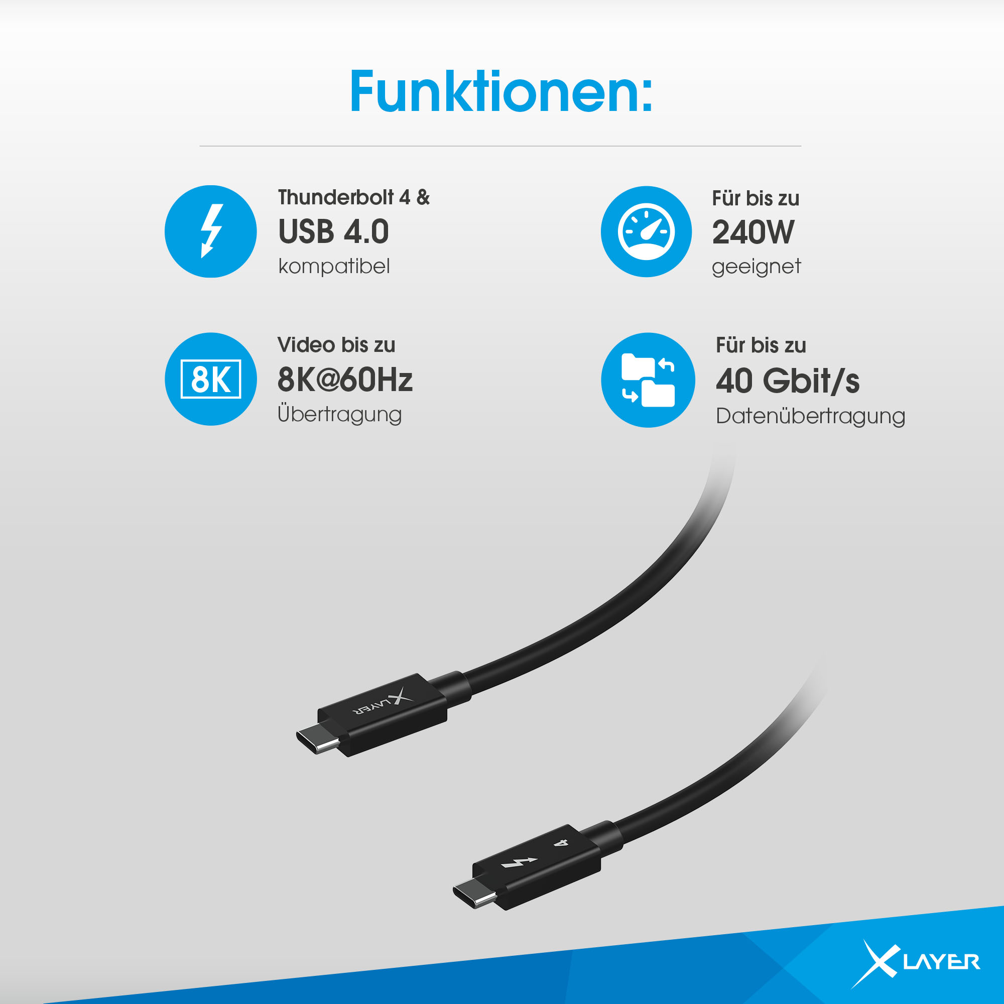 Ein schwarzes Datenkabel mit Anschlüssen und Informationssymbolen, mit weißem Hintergrund.