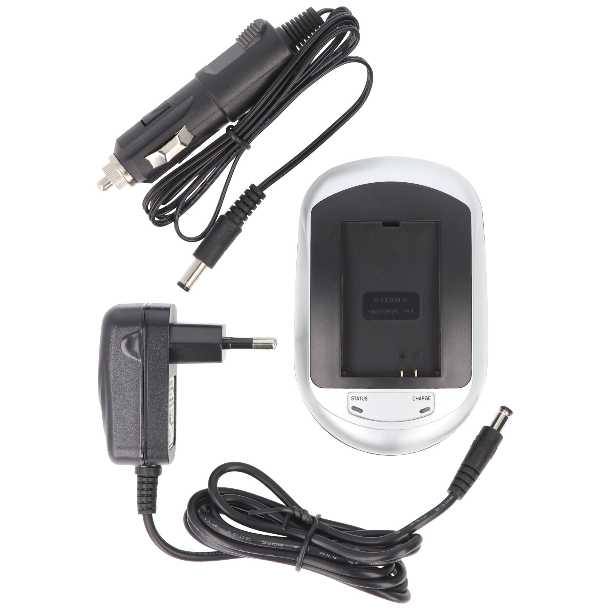 Ein Set aus schwarzen Ladegeräten, eines für ein Auto und eines für die Wand, und ein Batterieladegerät.