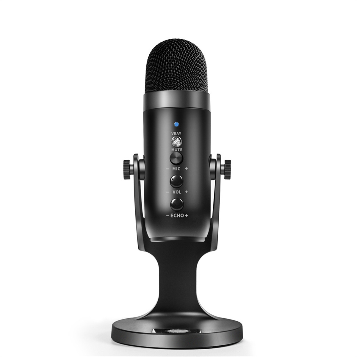 Schwarzes USB-Mikrofon auf einem Ständer. Mit Tasten 'MUTE', 'MIC+', 'VOL+', und '-ECHO+'.
